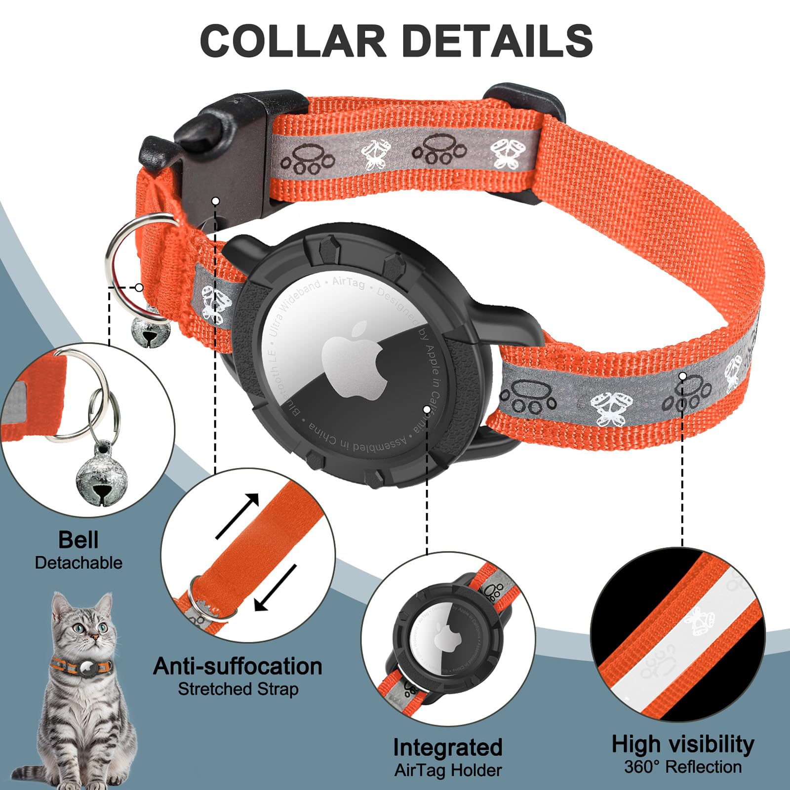 Reflective Airtag Cat Collar, Integrated Cat Tracker Collar With Air Tag Holder And Bell, Safety Elastic Band Cat Gps Collars For Girl Boy Cats, Kittens And Puppies (Orange, S)
