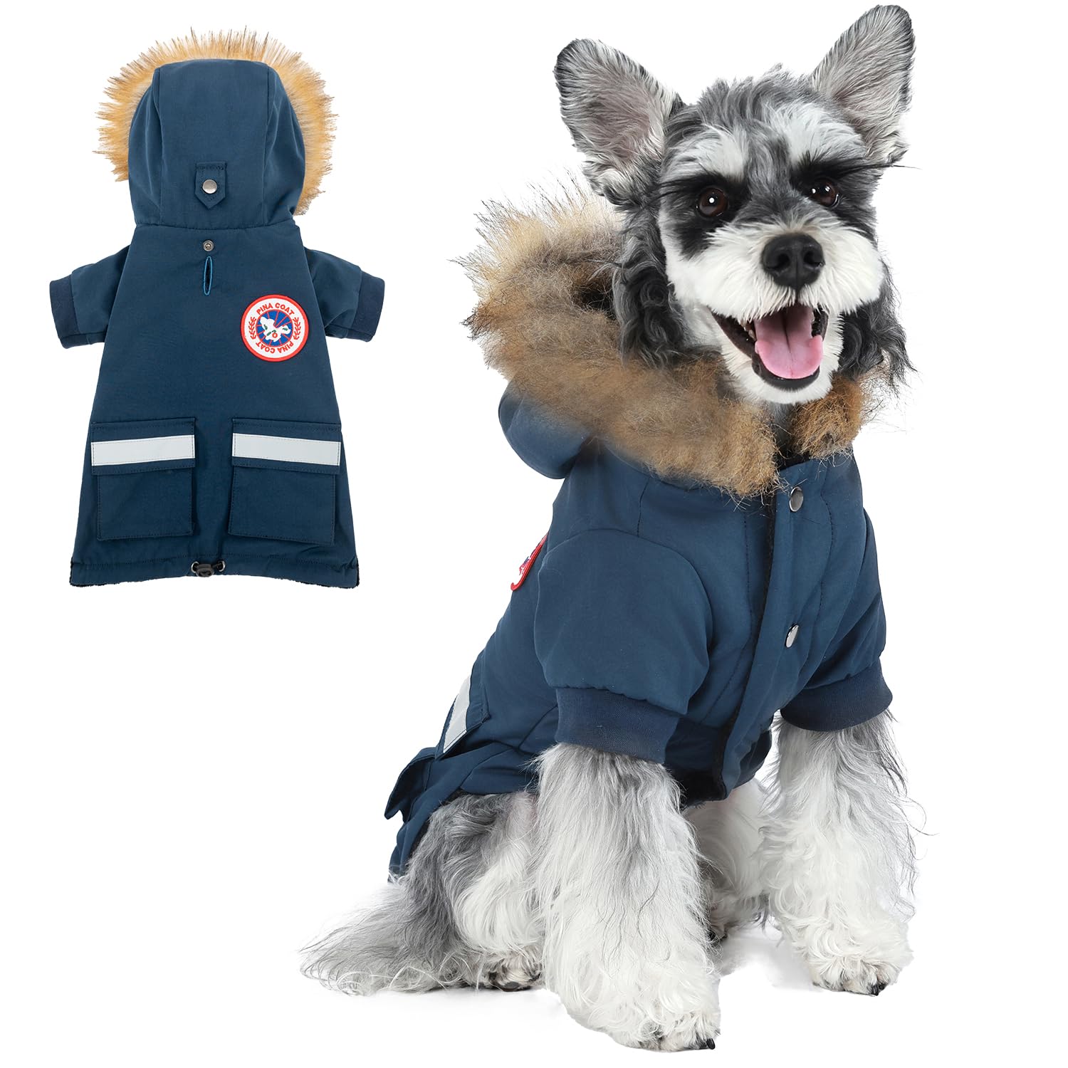 PINA Small Dog Coats - Waterproof, Warm Winter Jacket with Faux Fur Hood & Pocket