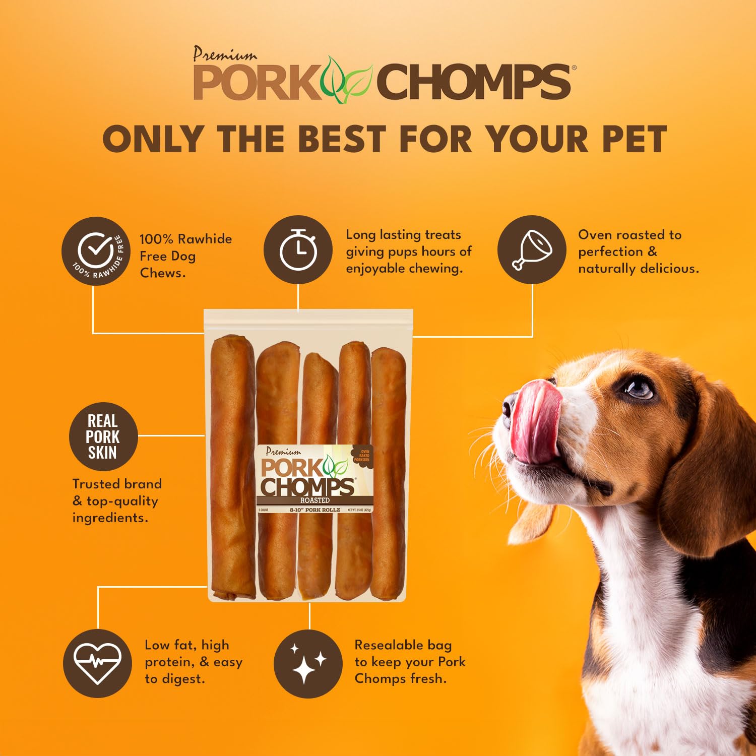 Pork Chomps Roasted Pork Skin Dog Chews, 8-inch Rolls, 5 Count