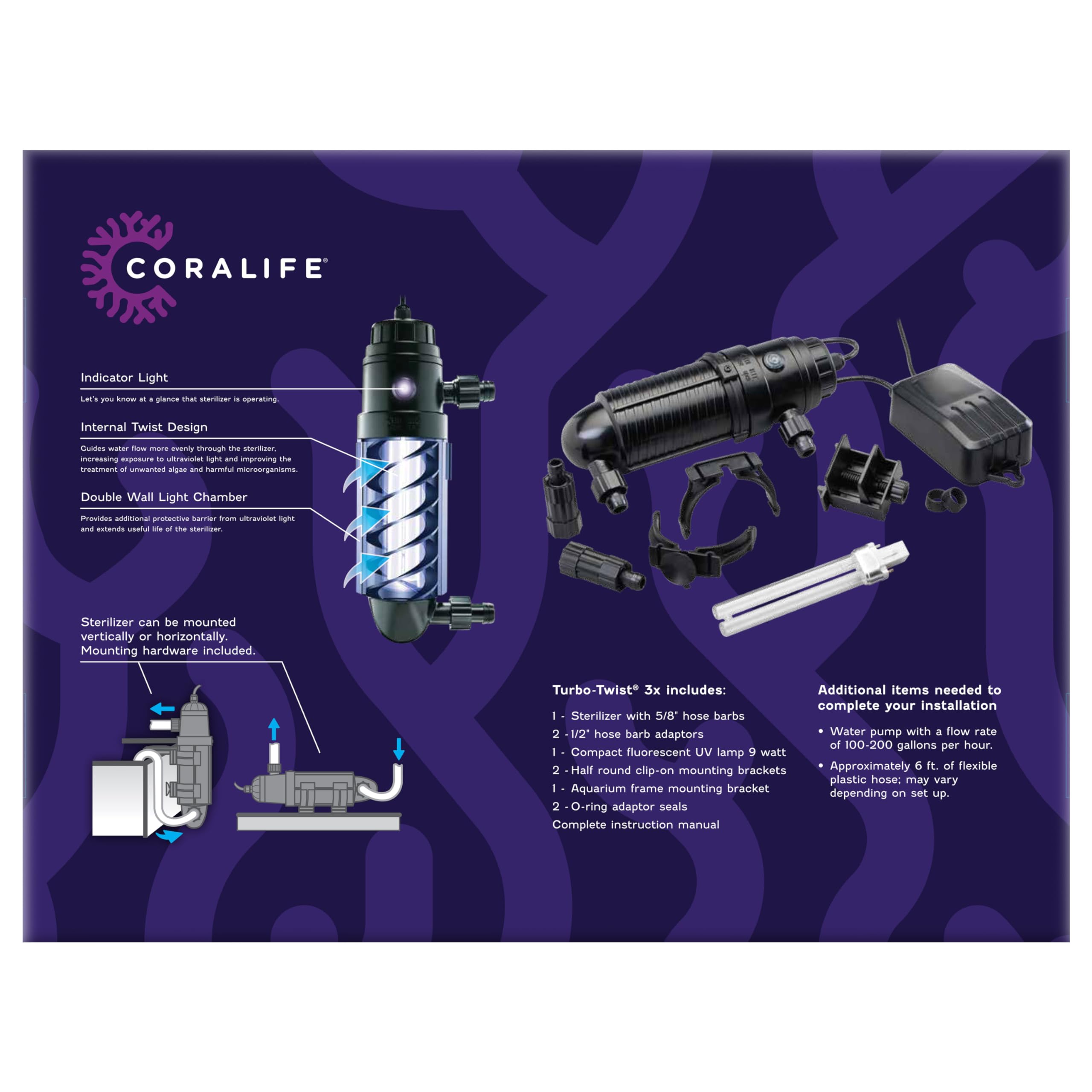 Coralife Turbo-Twist UV Sterilizer 9 Watt for Saltwater Aquariums, Up to 125 Gallons, Model 100115602