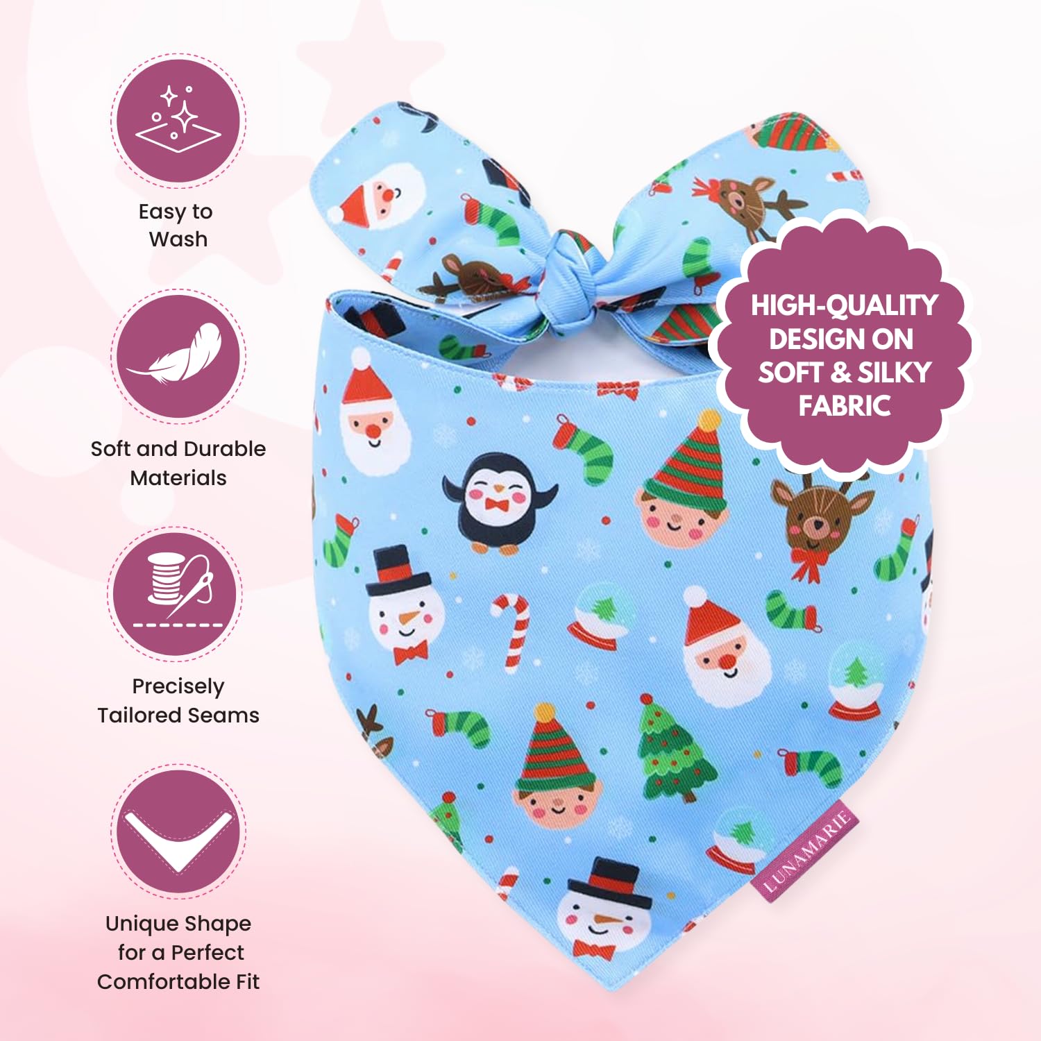 Lunamarie - Luxury Pet Birthday Bandanas -Premium & Silky Poly Fabric | 100% Handmade | Custom Shape Dual Layered (Santa'S North
