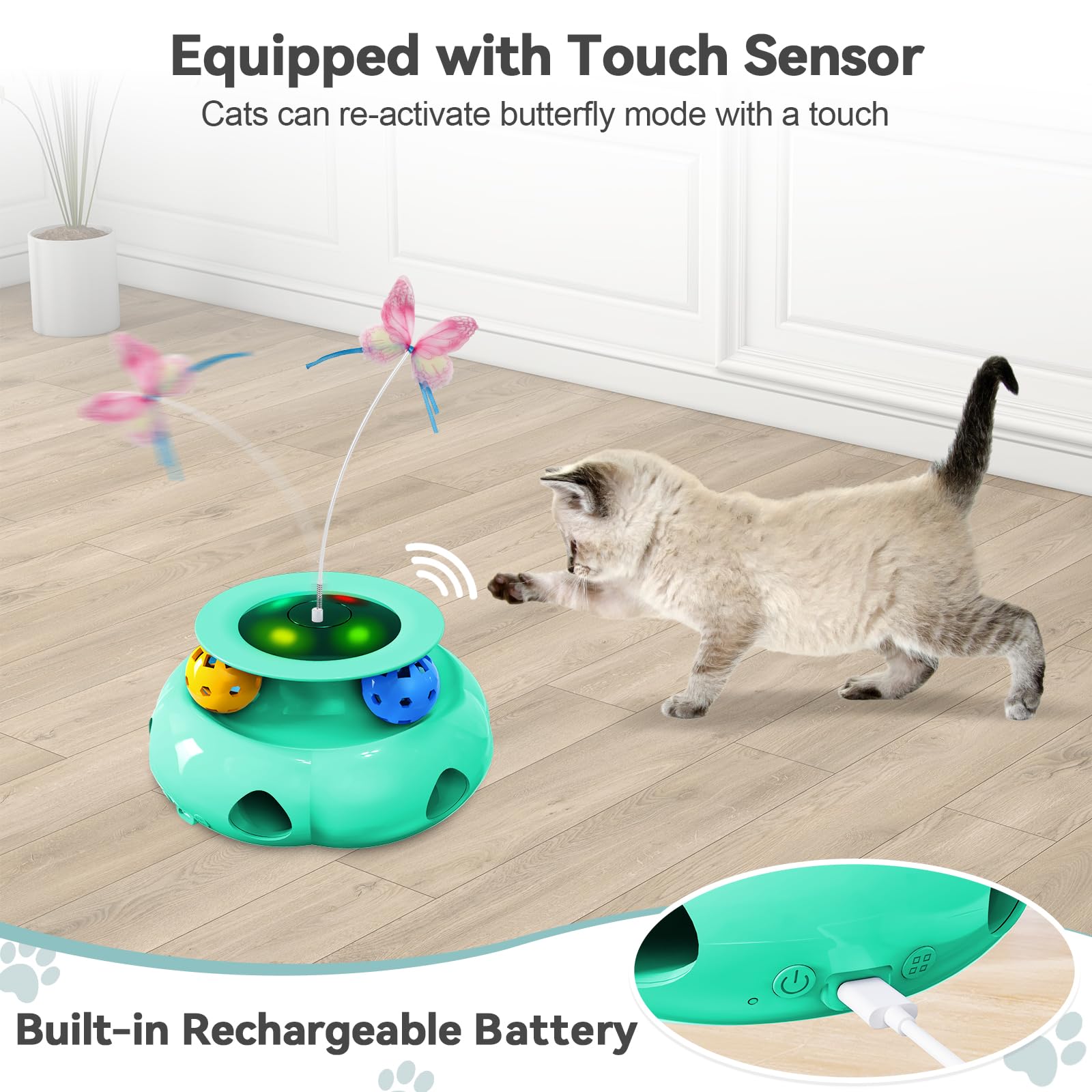 Xuyub Interactive 3in1 Cat Toy - Rechargeable Whack a Mole, Fluttering Butterfly, Track Balls, Green, Model OK007G