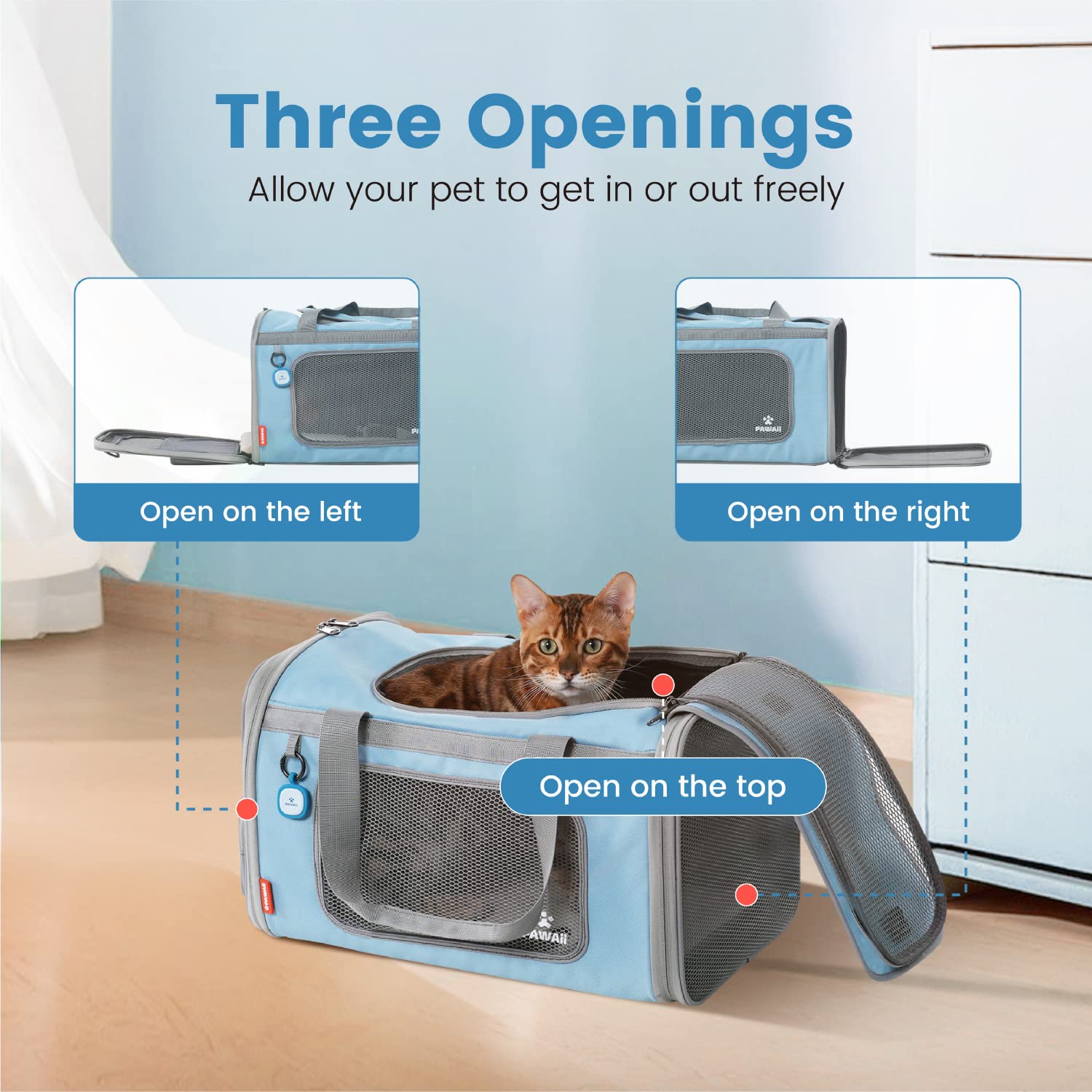 Pawaii Cat Carrier - Airline Approved, Collapsible, Large, Light Grey & Sky Blue, Model US-PC01KB, Comfortable & Portable Travel Carrier