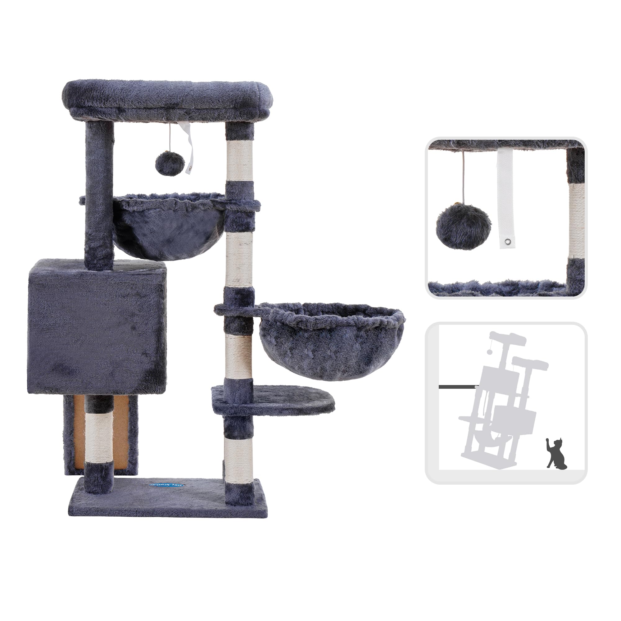 Hey-Brother Cat Tree, Cat Tower For Indoor Cats, Cat House With Large Padded Bed, Cozy Condo, Hammocks, Sisal Scratching Posts, Big Scratcher, Smoky Gray Mpj006Sg