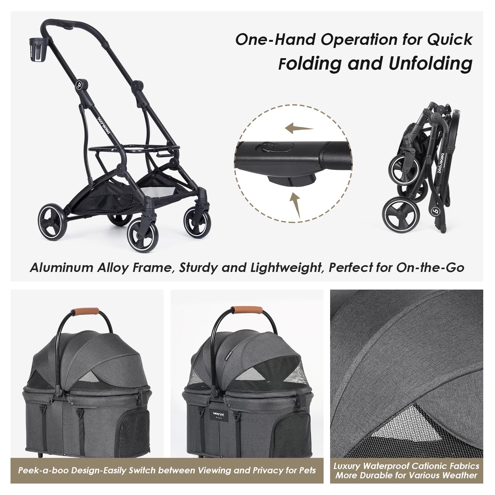 BEBEROAD PETS T3 3-in-1 Pet Stroller for Dogs & Cats, Black, Detachable Carrier, Canopy & Cup Holder