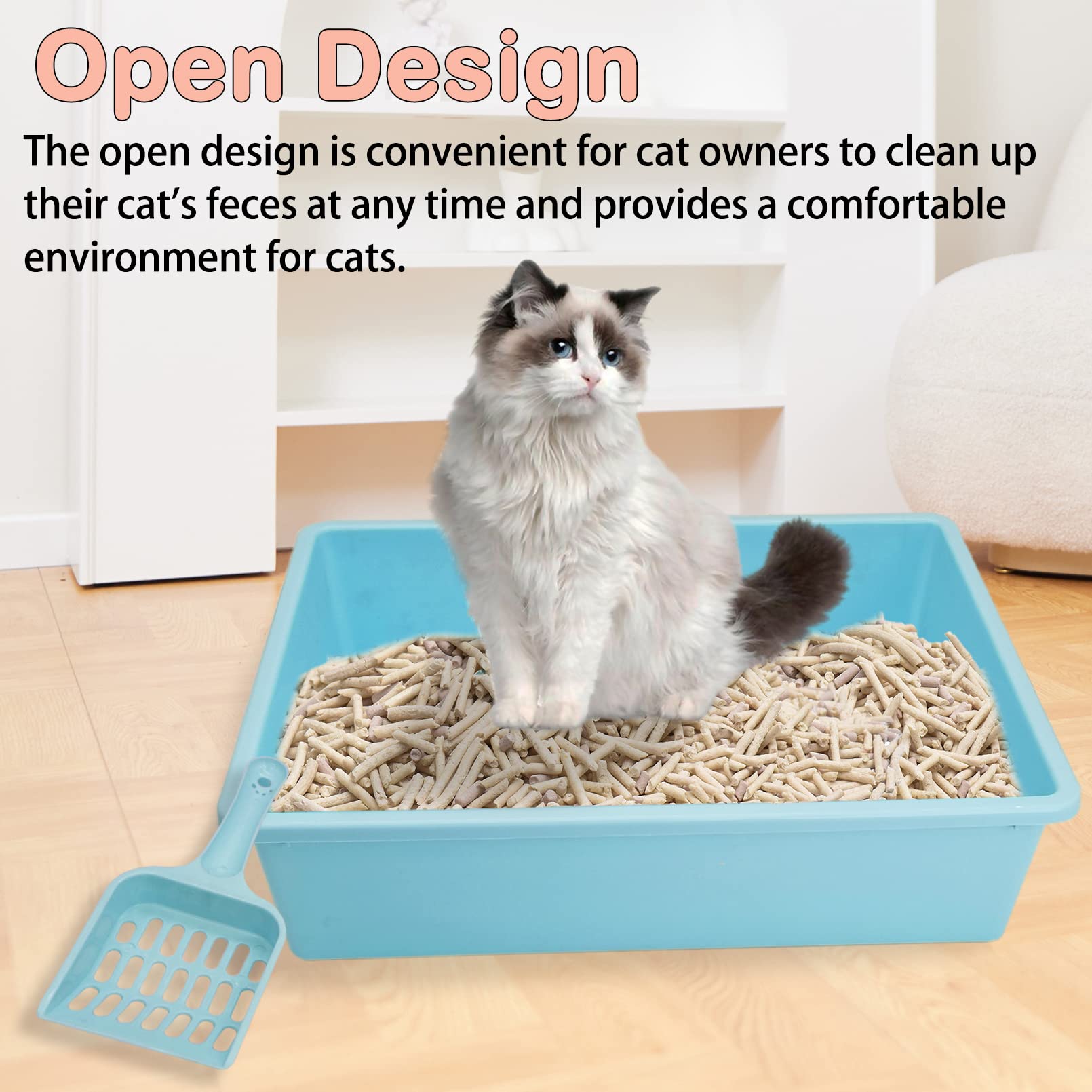 Kathson 4Pcs Medium Open Cat Litter Box With Scoop, Durable Non-Stick Plastic Litter Pan For Cats, Puppies, Bunnies, And Small A