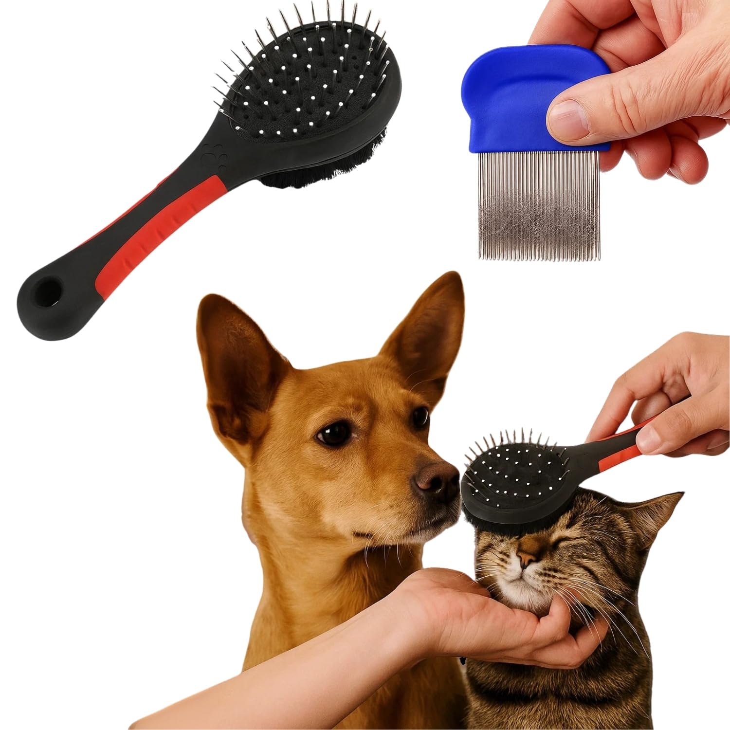 Wiggleboo 2 In 1 Pet Bathing Grooming Combo| Dual Side Dog Cat Brush + Palm Size Long Pin Flea Comb For Detangling, Deshedding, 