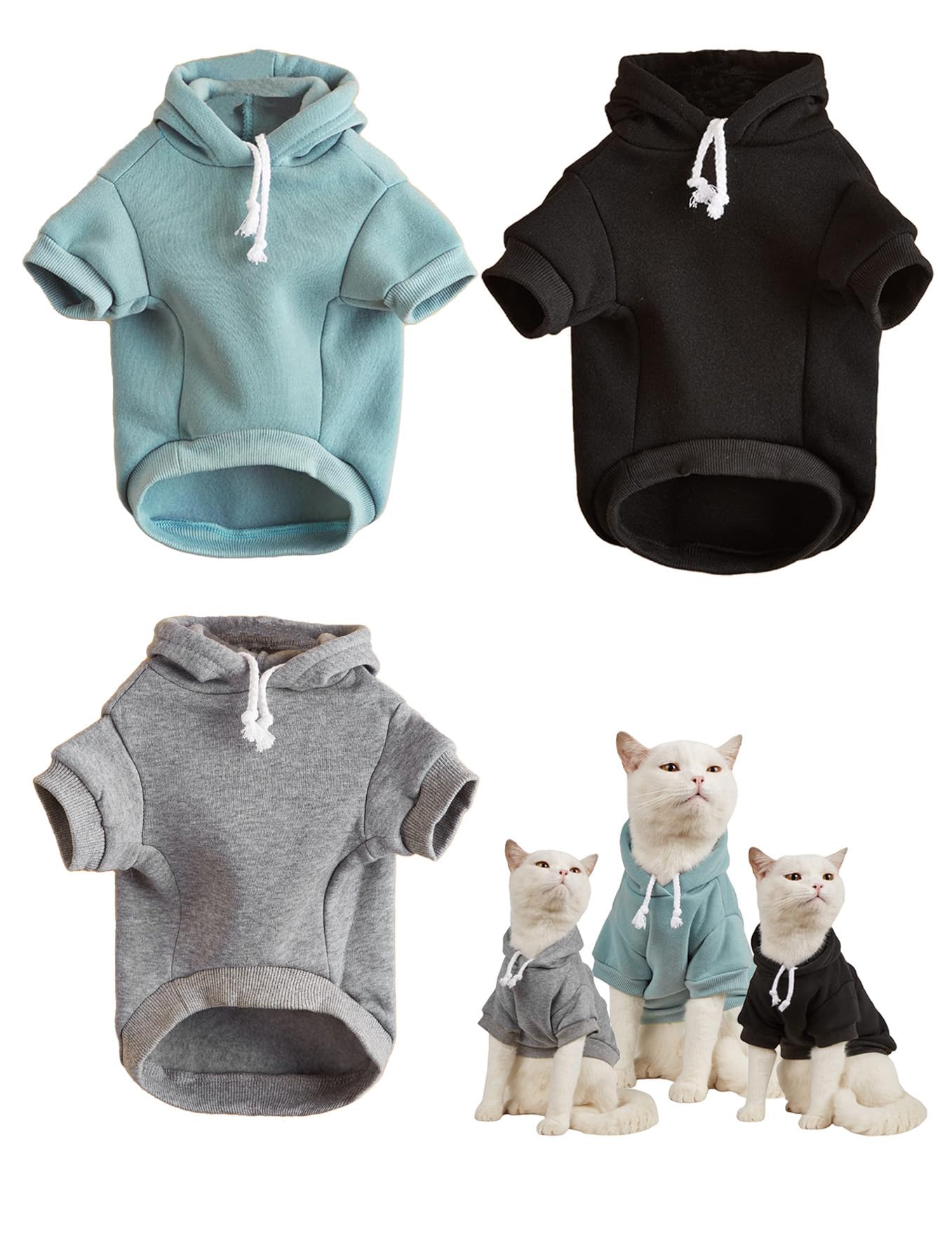 Qwinee 3Pcs Basic Dog & Cat Apparel - Warm Jacket & Shirt For Puppy & Kitten - Small To X-Small - Black, Green & Grey