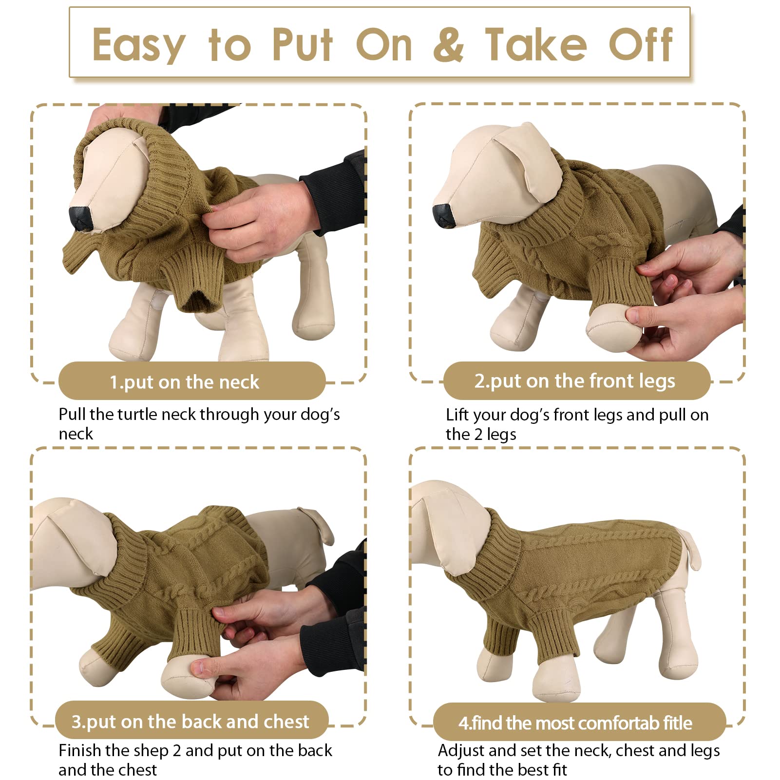Queenmore Small Dog Pullover Sweater, Cold Weather Cable Knitwear, Classic Turtleneck Thick Warm Clothes For Chihuahua, Bulldog, Dachshund, Pug (Light Brown, X-Large)