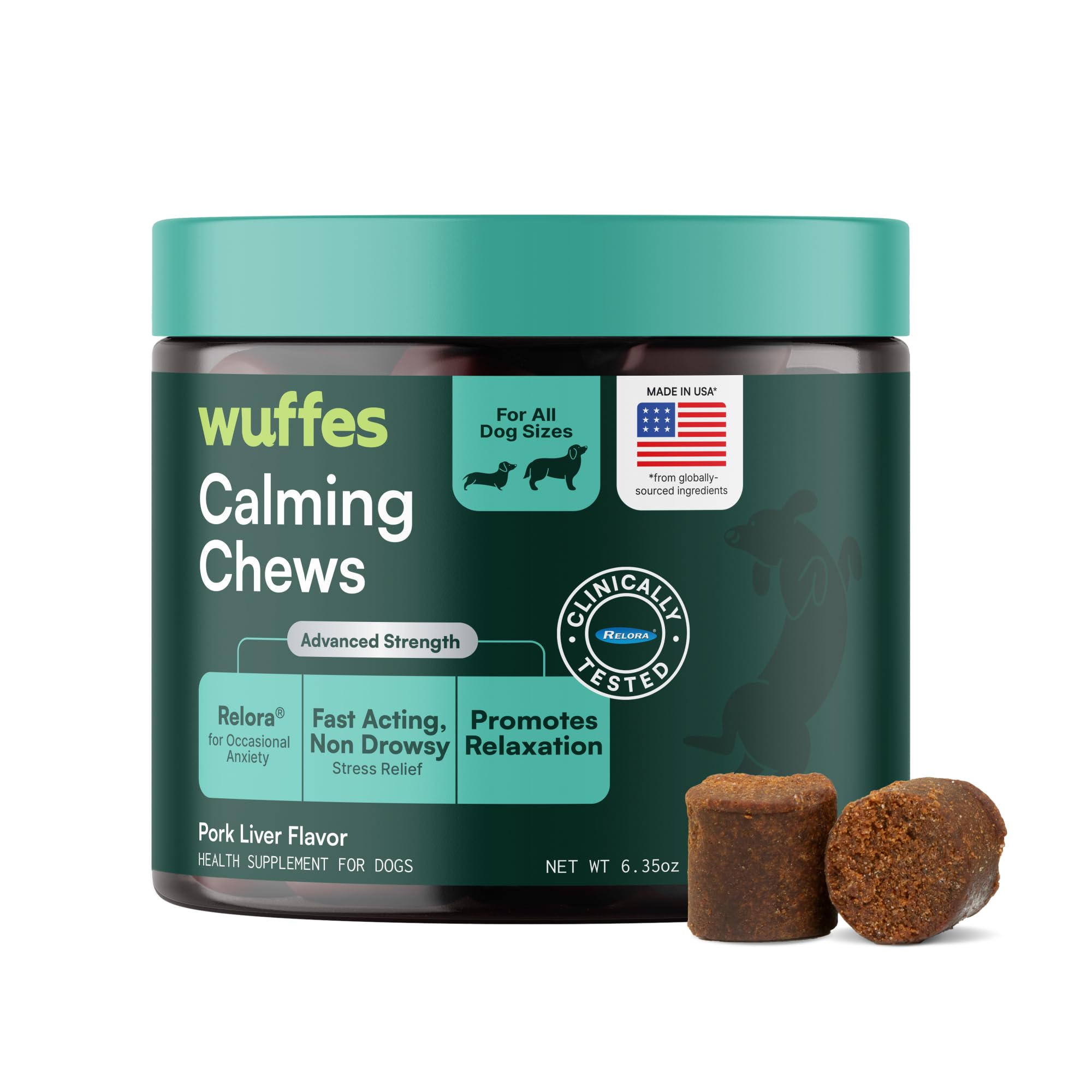Wuffes Calming Soft Chews for Dogs, Stress Support Supplement with Relora, GABA, L-Tryptophan & Chamomile, Sedative-Free Calming
