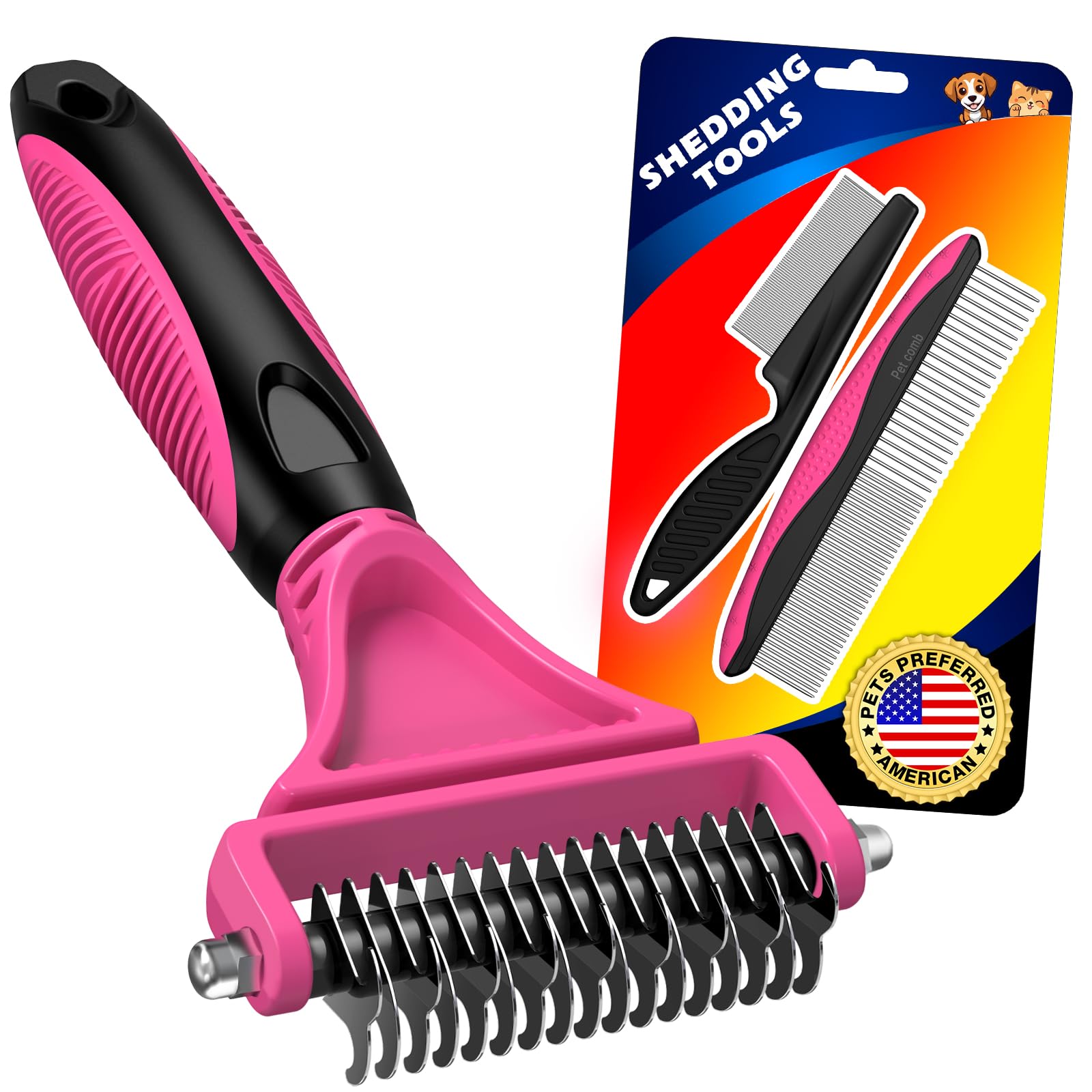 3PCS Pet Grooming Rake & Metal Comb & Flea Comb for Cats and Dogs, Double-Sided Dematting Tool, Extra-Wide Deshedding Dog Brush 
