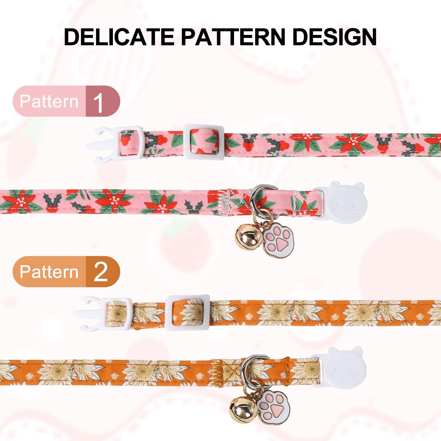 Unique Style Paws Christmas Kitten Collar,2 Pack Cat Collar For Girl Cats With Flower Pattern,Breakaway Cat Collar With Bell,Cut