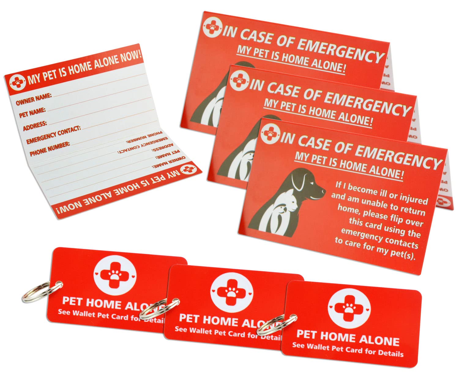 My Pets, Dogs & Cats Are Home Alone Alert Key Tag Keychain Emergency Contact Wallet Card Folded - 2 Writable Back Sides (Pet Emergency Wallet Card & Tag)