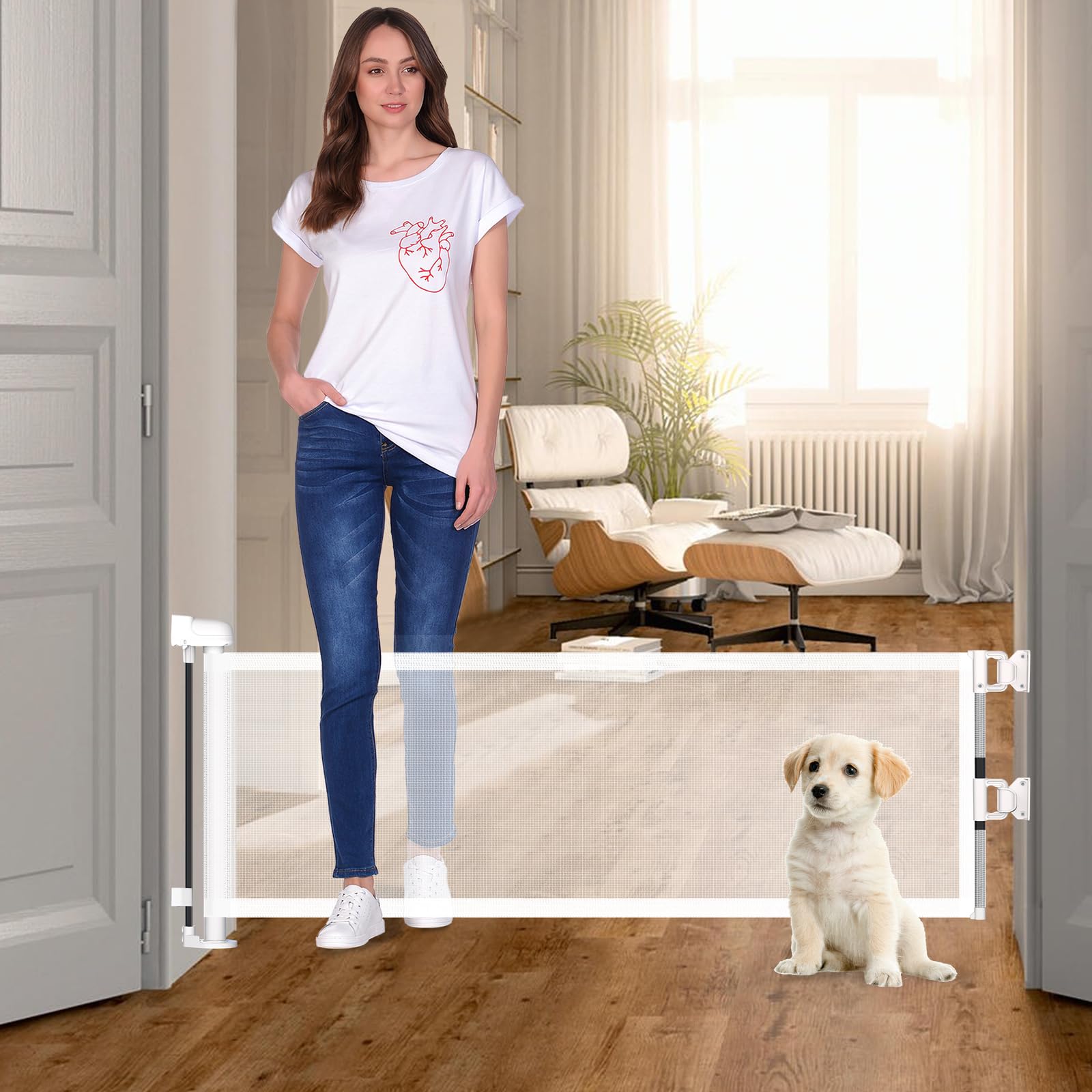 2 Pack Short Dog Gate Pet Gates Puppy Gate 14 H 59 Wide Step Over Pet Fence, Mesh Retractable Indoor Outdoor Expands Up to 59 In