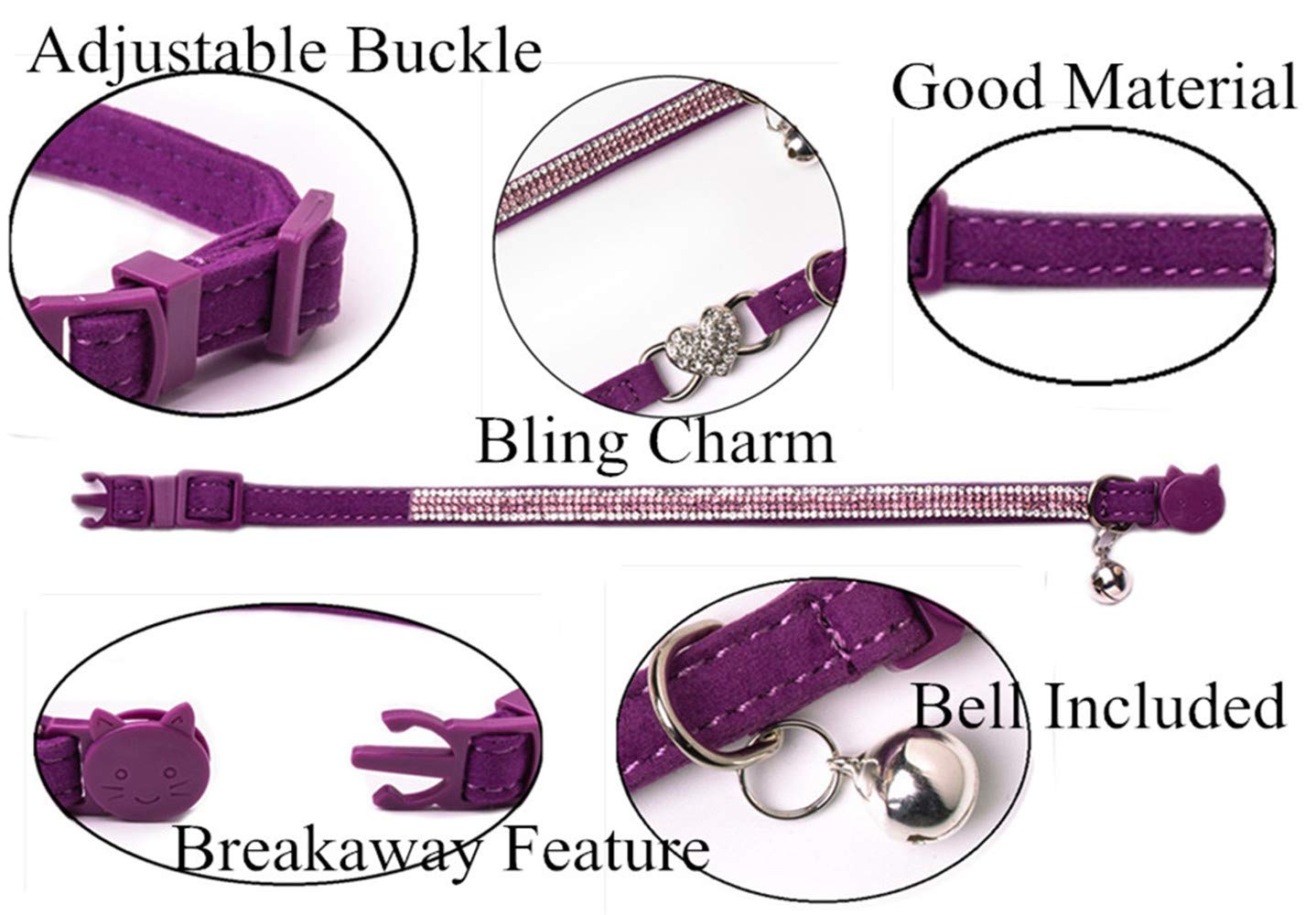 Boombone Rhinestone Cat Breakaway Collar Pack Of 2 Purple Kitten Collars With Bell