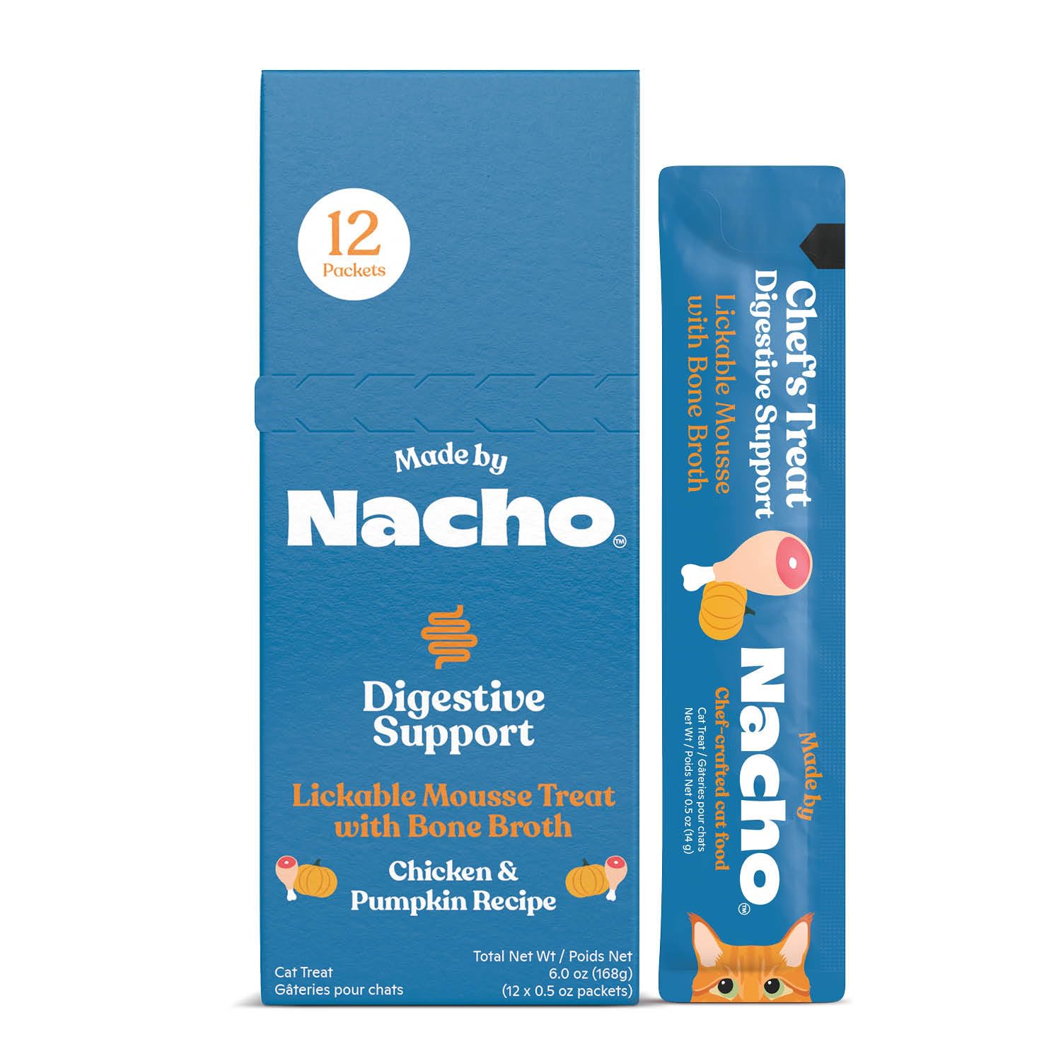 Made by Nacho Digestive Mousse Sachets, Lickable Cat Treats, 12 Count with Bone Broth, 0.5 oz, No Grains, Corn, Wheat or Soy