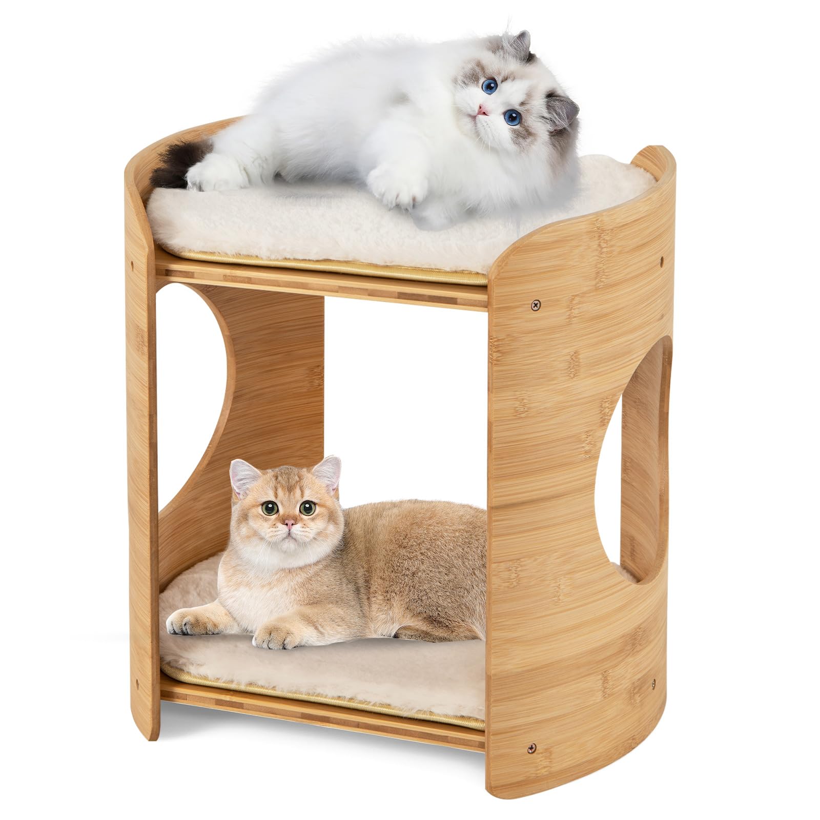 PETSITE 2-Tier Indoor Bamboo Cat Bed, Boho Cat Condo with Double Cat Beds, Removable & Washable Cushions, Minimalist Kitten Bed 