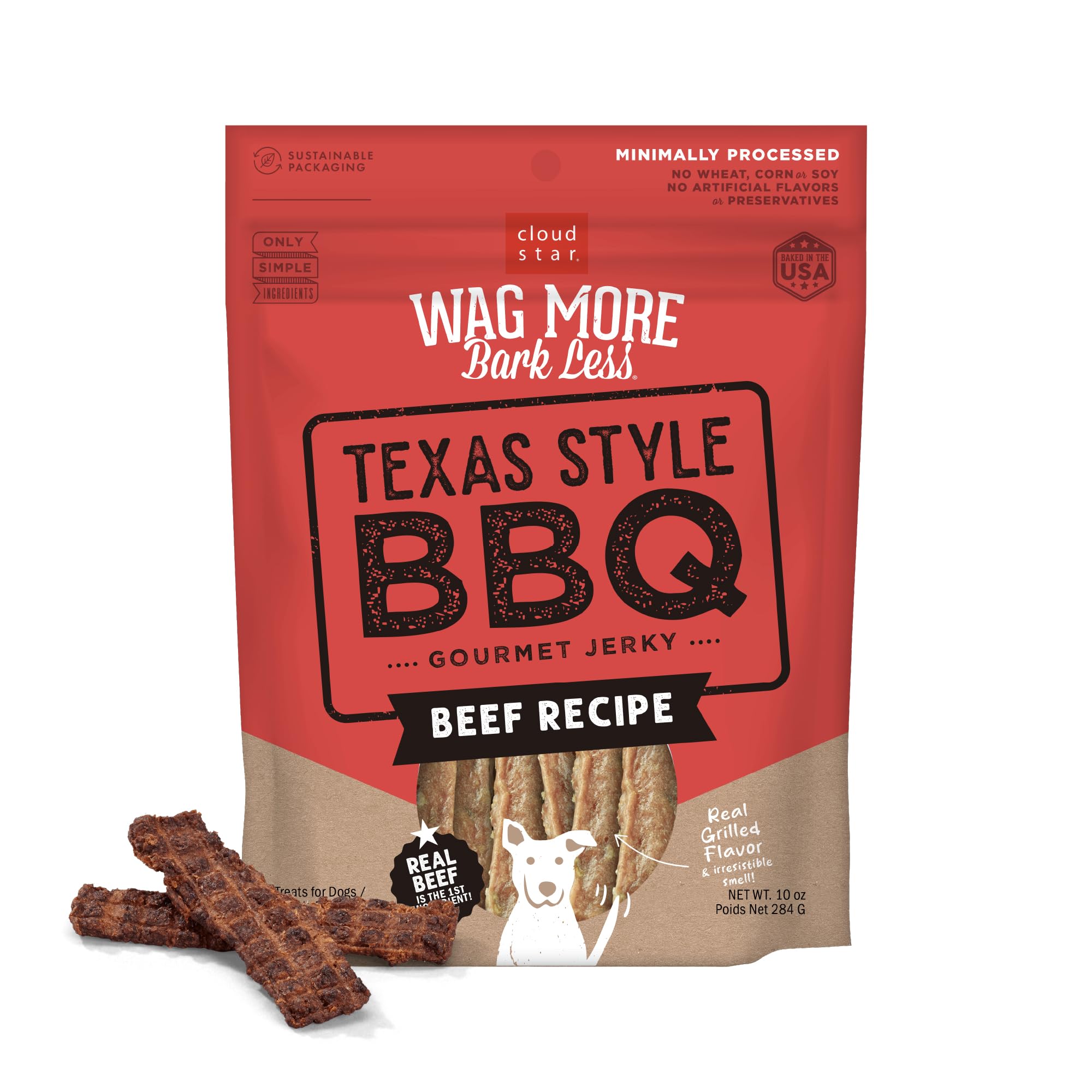 Cloud Star Wag More Bark Less Jerky Grain Free Dog Treats, Texas BBQ Beef, 10 oz. Pouch