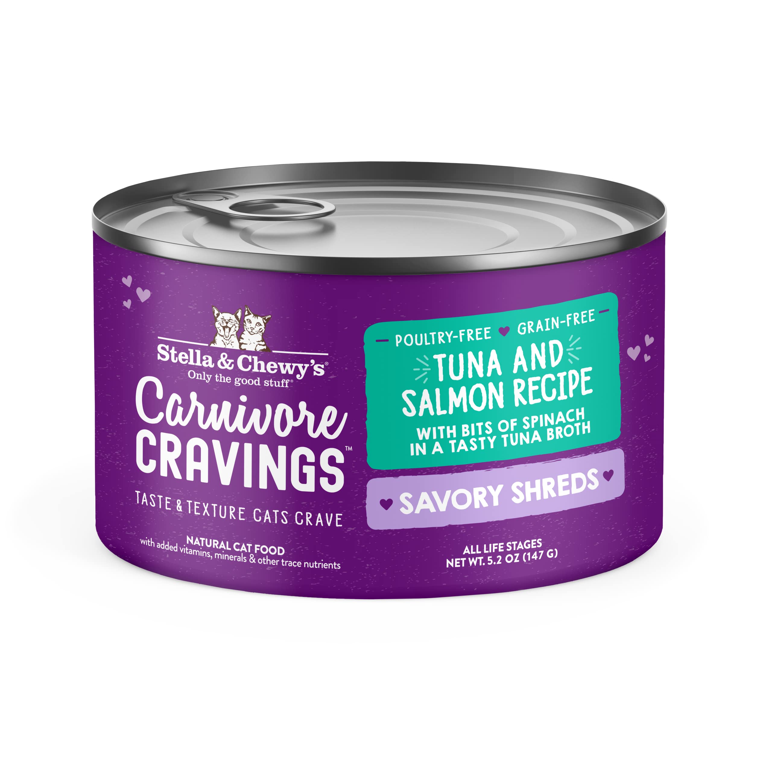 Stella & Chewys Carnivore Cravings Savory Shreds Cans - Grain Free, Protein Rich Wet Cat Food - Wild-Caught Tuna & Salmon Recipe