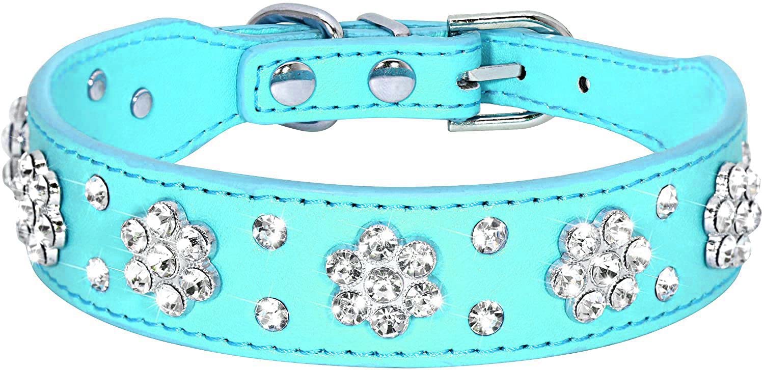 Serijoars Rhinestone Dog Collar, Flower Rhinestone Bling Collar, Pu Leather Adjustable Sizes Xs-S, Light Blue