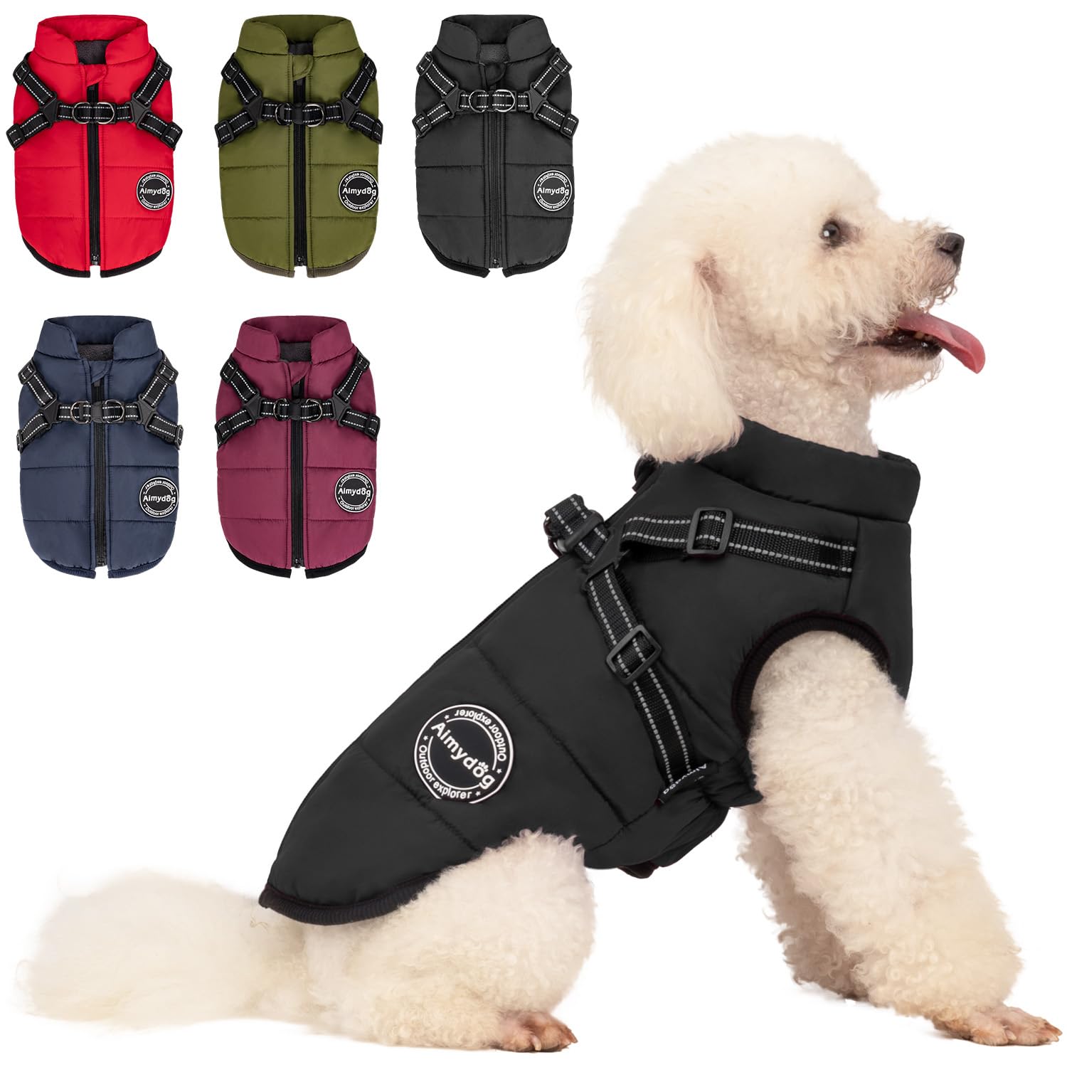 AIMYDOG Warm Dog Winter Coat, Waterproof Windproof Dog Cold Weather Jacket, Reflective & Adjustable Black Pet Vest with Harness,