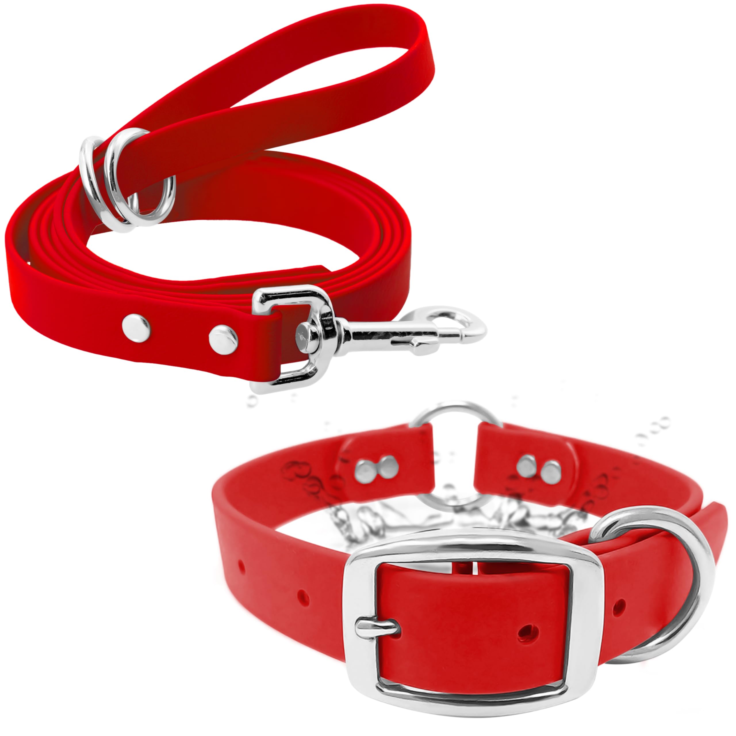 Regal Dog Products Small Red Waterproof Dog Collar And Leash Set - Vinyl Coated, Biothane Puppy Pet Training Collar With Heavy D