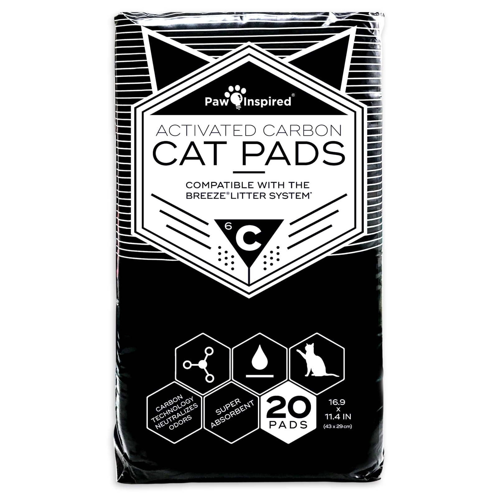 Paw Inspired Cat Pads | Generic Refill For Breeze Tidy Cat Litter System | Cat Liner Pads For Litter Box | Quick-Dry, Super Absorbent, Leak Proof | 16.9'X11.4' (Carbon, 20 Count)