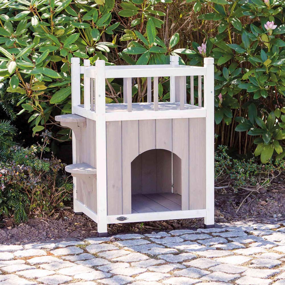 TRIXIE Elevated Cat House with Balcony, Weatherproof Shelter, 17.5"x17.5"x25.5", Wood, Model 44093, Ideal for Cats and Small Dogs