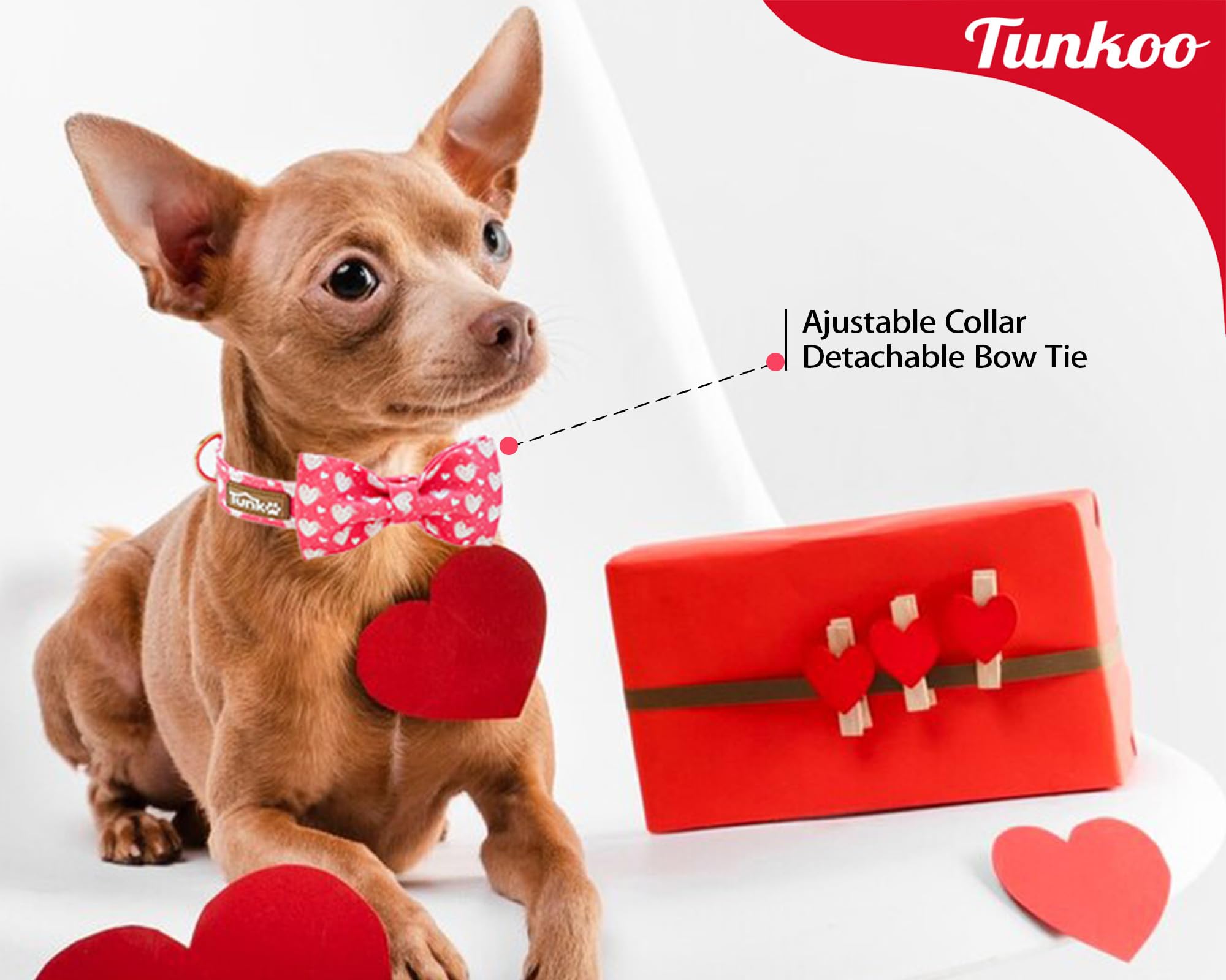 Tunkoo Valentine'S Day Pink Dog Collar With Cute Bow Tie Heart Print Design, Premium Metal Buckle Adjustable For Small Medium La
