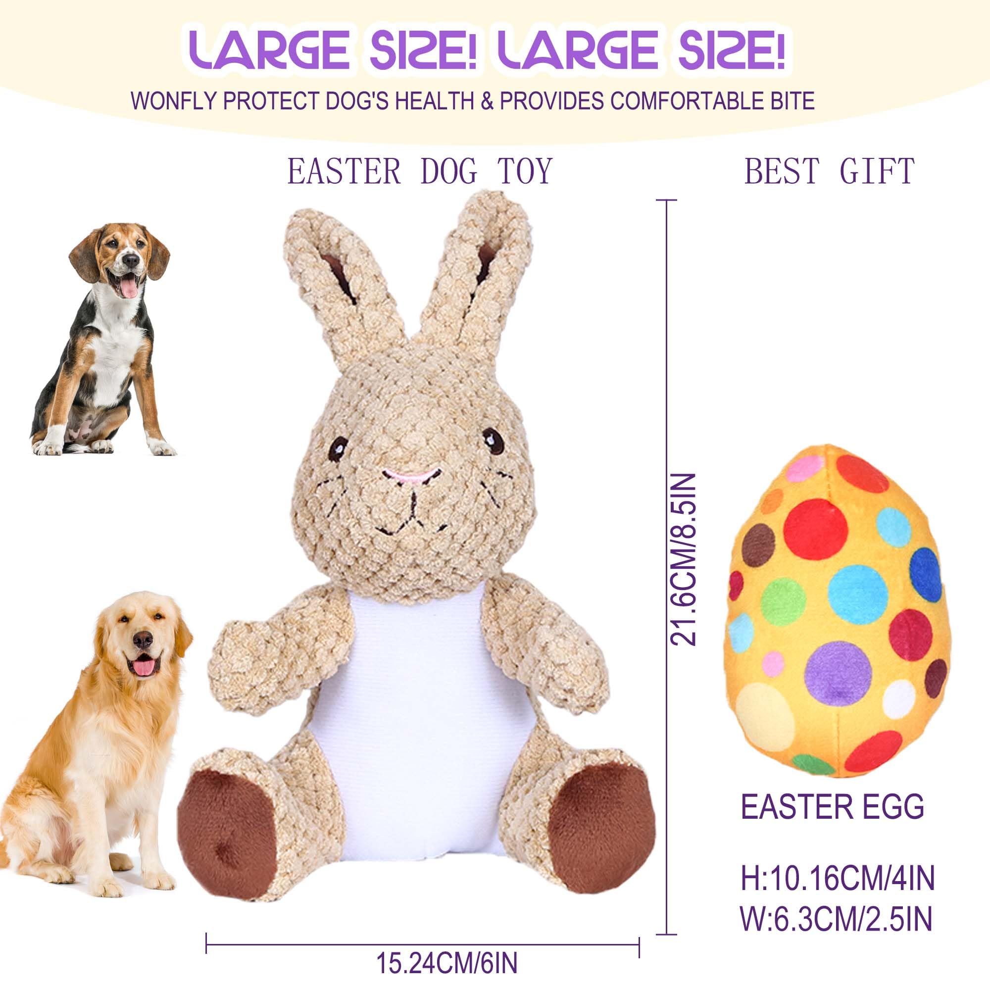 Wonfly Easter Dog Squeaker Toys (2 Pcs), Rabbit & Eggs - 8.5In Plush Dog Toy With Squeaker, Cotton Material, Daily Entertainment