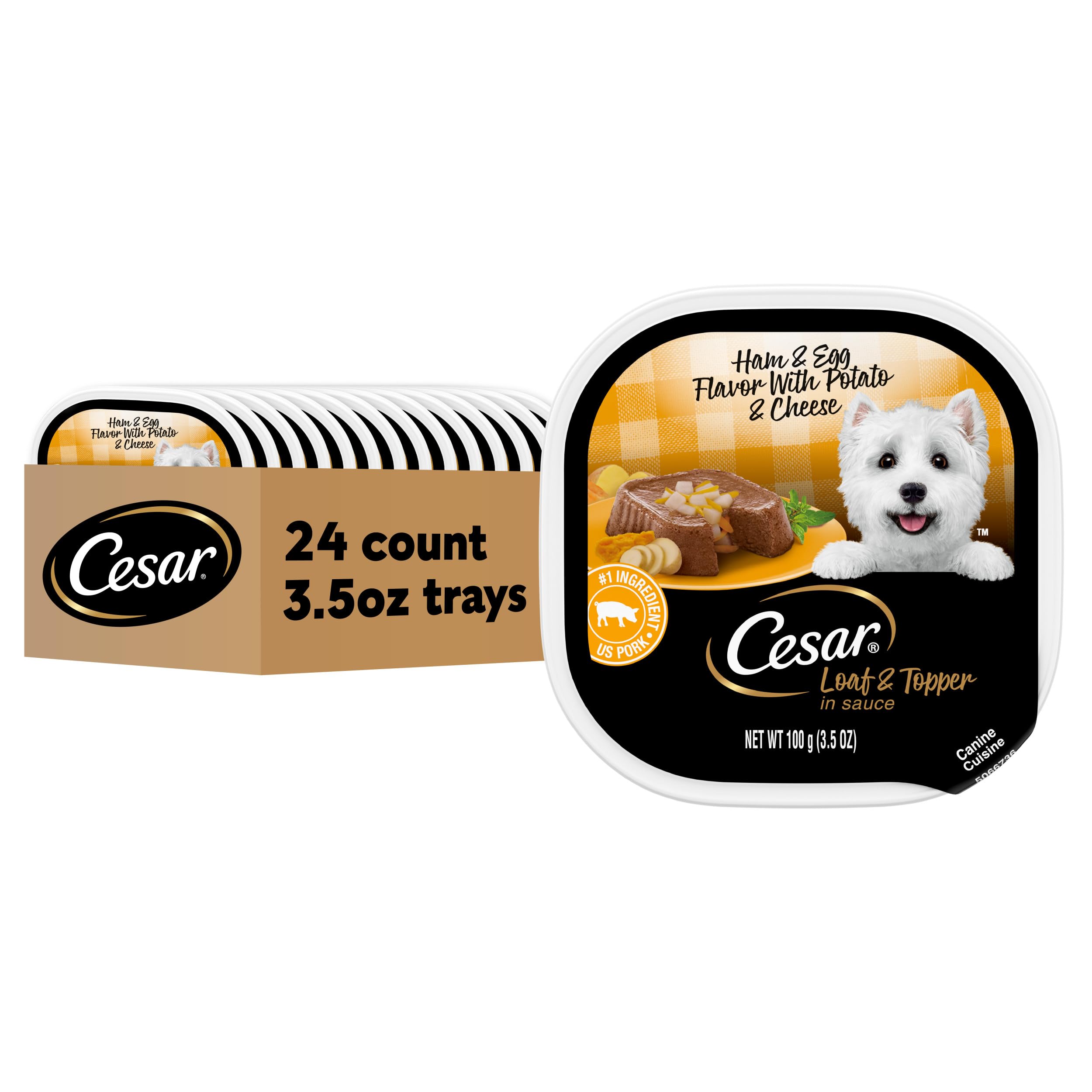 Cesar Wet Dog Food Loaf & Topper in Sauce Ham & Egg Flavor with Potato & Cheese, 3.5 oz. Easy Peel Trays (24 Count, Pack of 1)