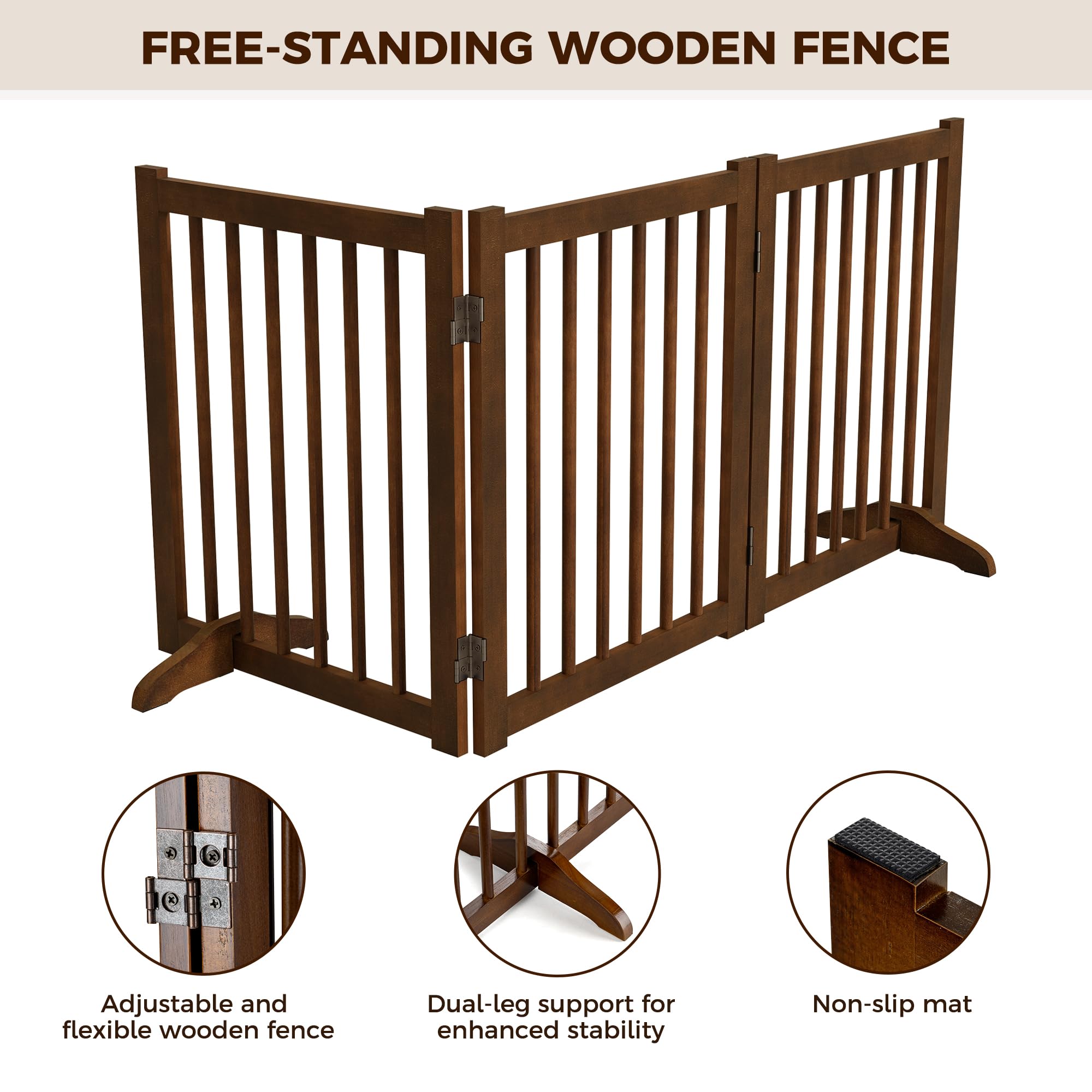 Solid Wood Freestanding Pet Gate - 3 Panels 24'' - Folding Safety Fence with 2 Support Feet - Ideal for Stairs, Doorways, Halls,