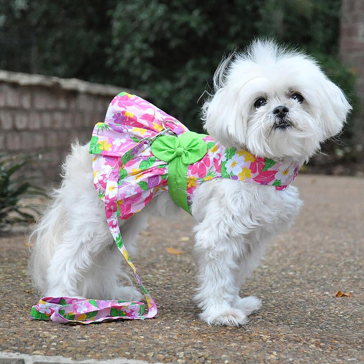 Doggie Design Pink Hawaiian Floral Dog Harness Dress With Matching Leash (Small)