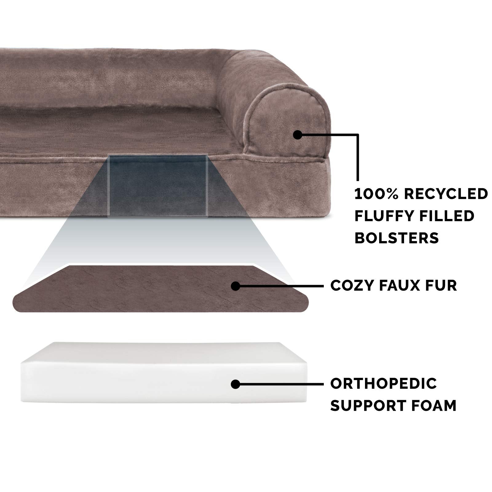 Furhaven Orthopedic Dog Bed For Large Dogs W/ Removable Bolsters & Washable Cover, For Dogs Up To 125 Lbs - Faux Fur & Velvet Sofa - Driftwood Brown, Jumbo Plus/Xxl