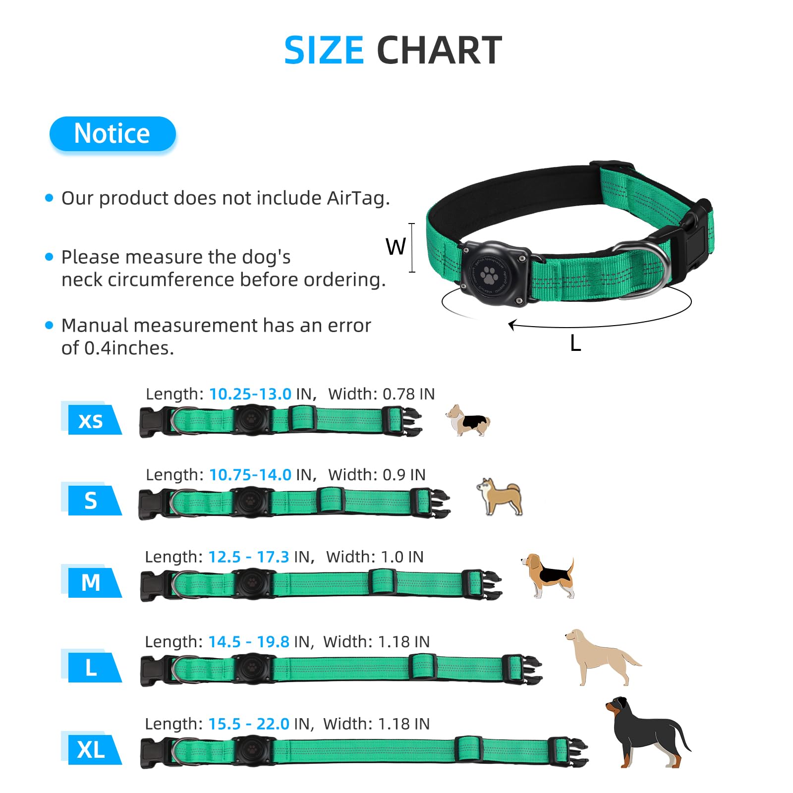 Upgraded Airtag Dog Collar, Ip68 Waterproof Air Tag Dog Collar Holder, Reflective, Ultra-Durable, Comfortable Padded, Heavy Duty Dog Collars For Small Medium Large Dogs (M (12.6'-17.1'), Teal)