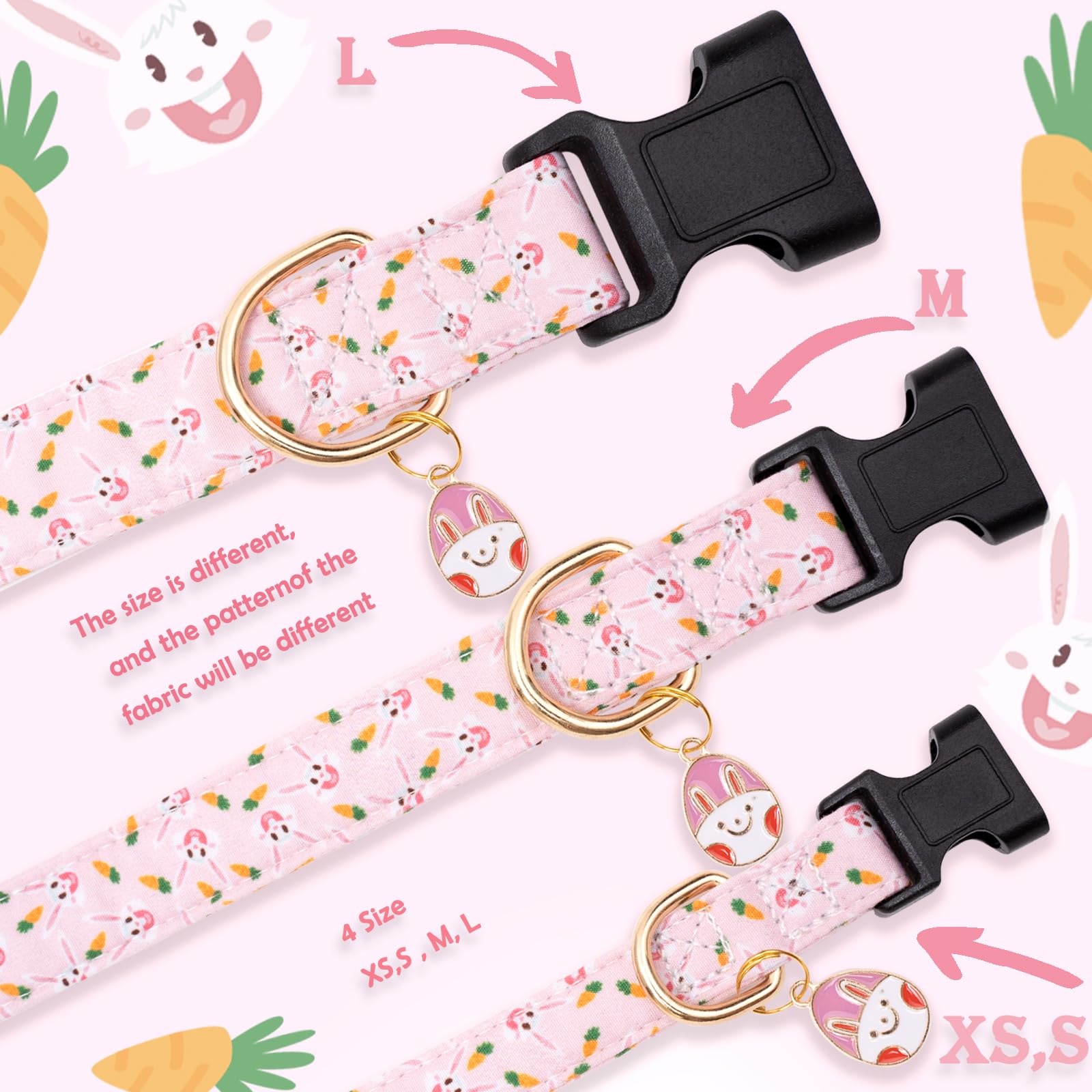 Faygarsle Cute Easter Collar For Small Medium Large Dogs Girl Boy Female Male Dog Pink Cotton With Adorable Rabbit Print Easter Puppy Collar With Easter Egg Charm Xl