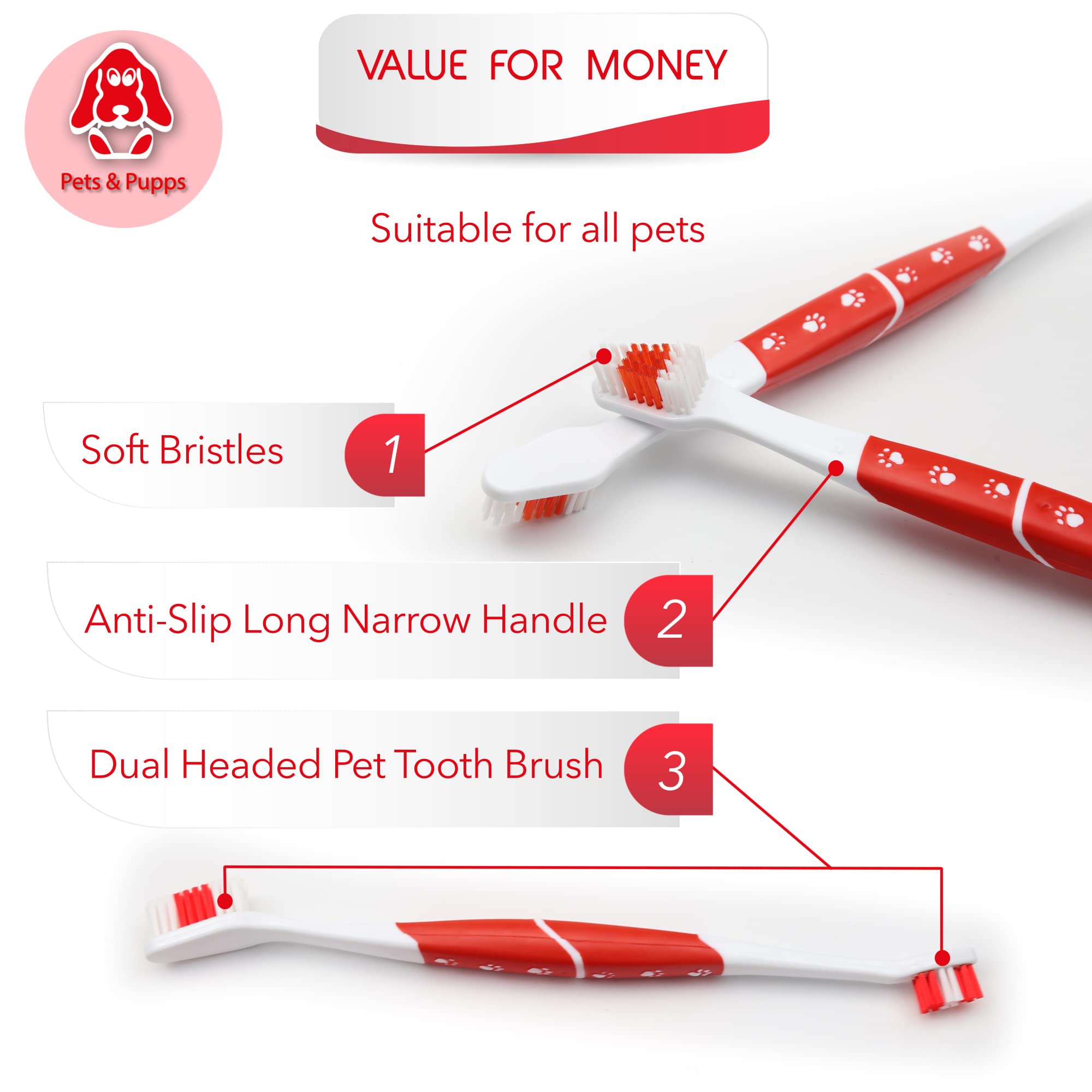 Pets & Pupps Pet Toothbrush for Dogs & Cats, Soft Bristles, Non-Slip Dual Head, Pack of 1, White & Red