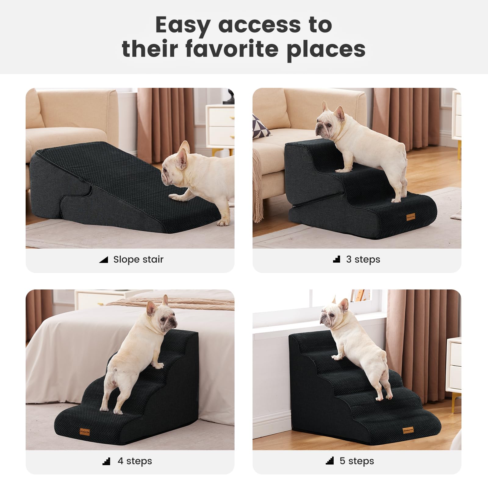 Gardner Pet Dog Stairs for Small Dogs 16.5 H, 2 in 1 Transformable 3-Step Pet Stairs and Dog Ramp for Couch (13-20 in), Black Ad
