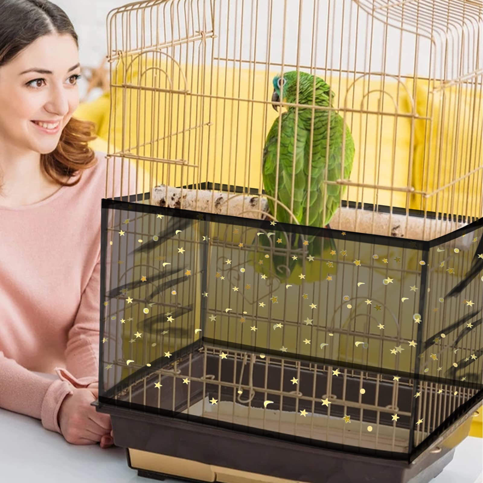 Daoeny 2Pcs Bird Cage Cover, Adjustable Bird Cage Seed Catcher, Large Soft Nylon Mesh Net With Twinkle Moon Star, Birdcage Cover Skirt Seed Guard For Parrot Parakeet Macaw Round Square Cages