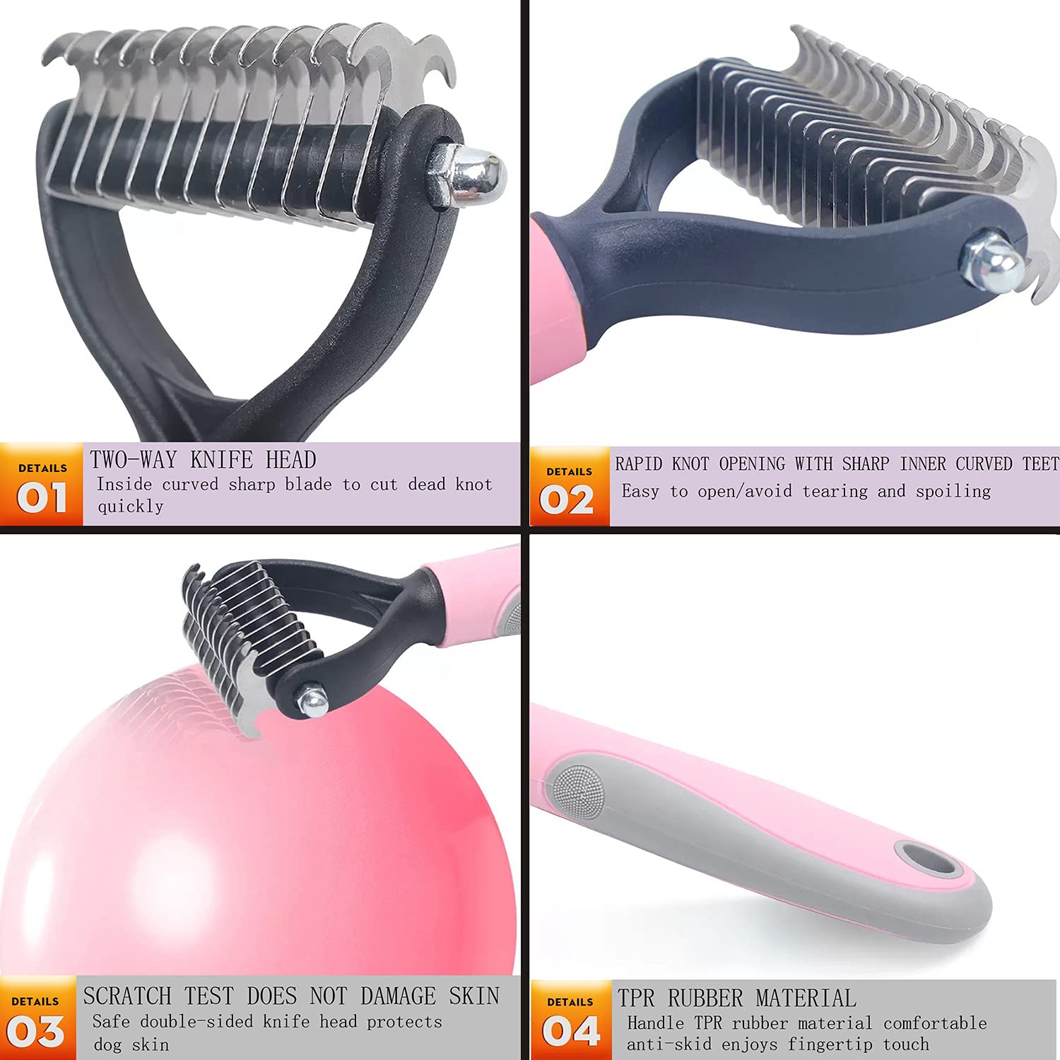 Double-Sided Undercoat Rake Comb And Flea Comb Set For Pet Grooming - Dematting Tool For Dogs And Cats (Pink/11-Tooth)