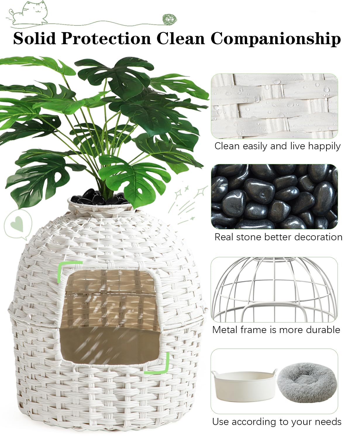 Setvson Cat Litter Box Plant Enclosure, Hidden Handwoven Rattan With Cat Litter Box Furniture And Artificial Plants, Odor Contro