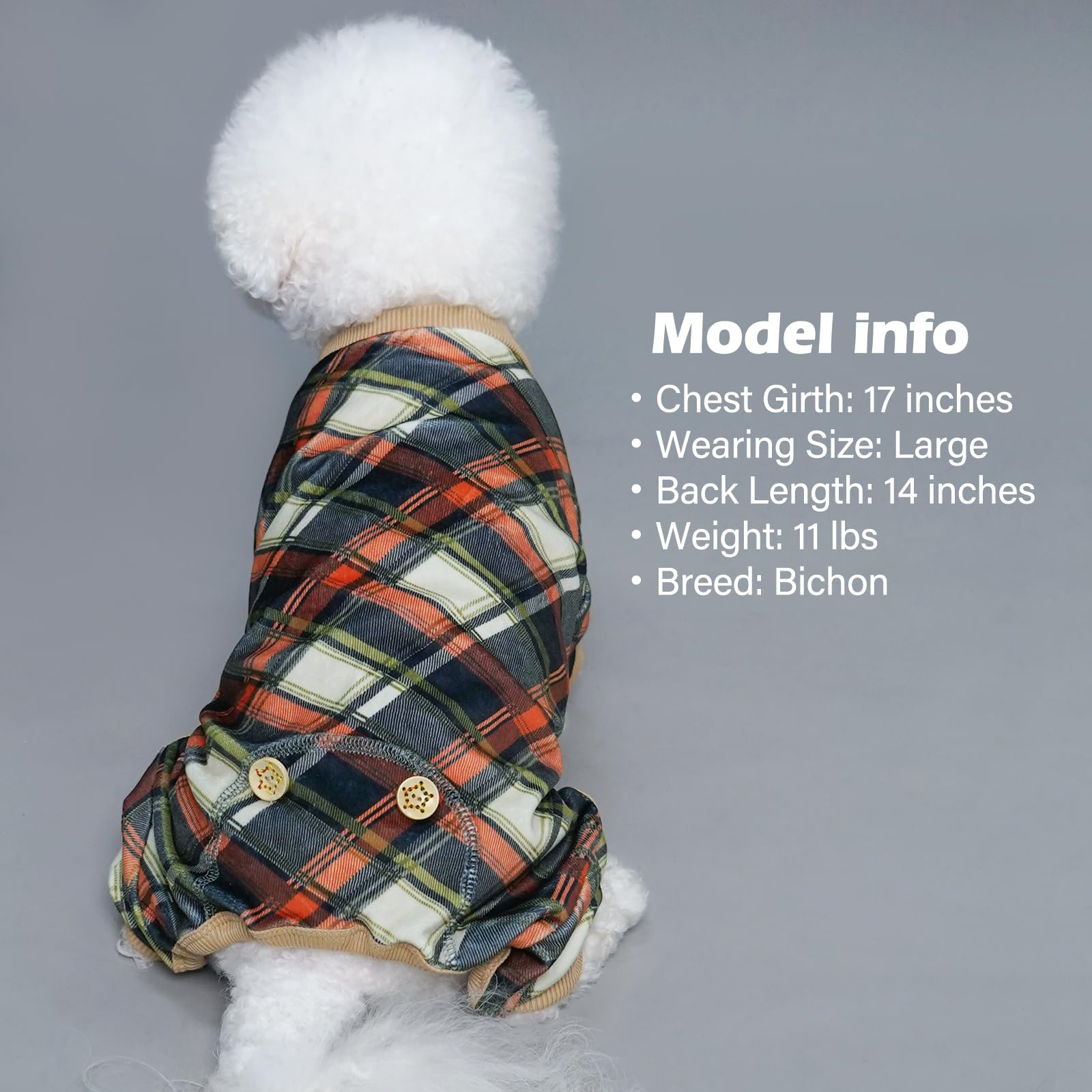Kyeese Dog Pajamas Plaid Dog Pajamas For Small Dogs Boy Girl Velvet Doggie Jammies Stretchy Onesie Comfy Pet Clothes Soft Coat L