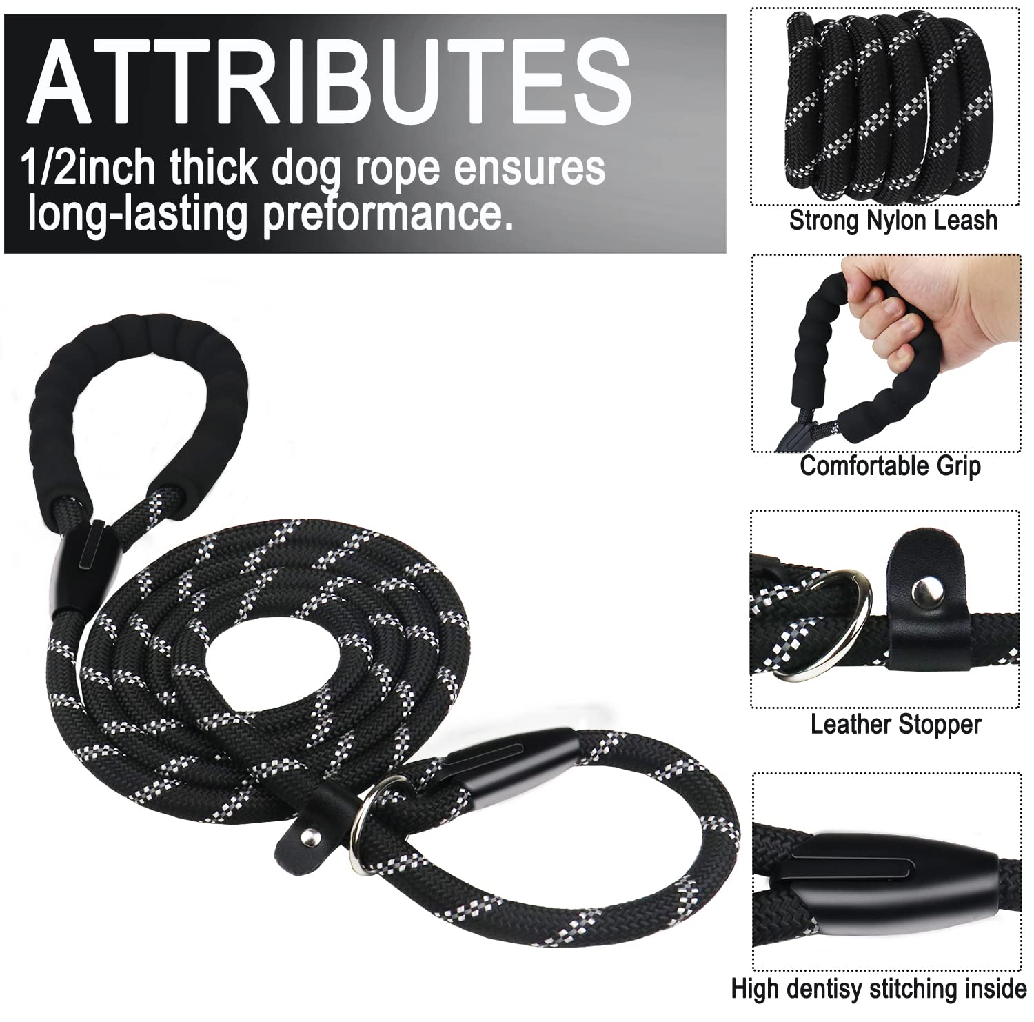 Dog Leash, 6 Ft Heavy Duty Dog Leashes, Durable Premium Quality Strong Rope Slip Leash With Comfortable Padded Handle And Highly