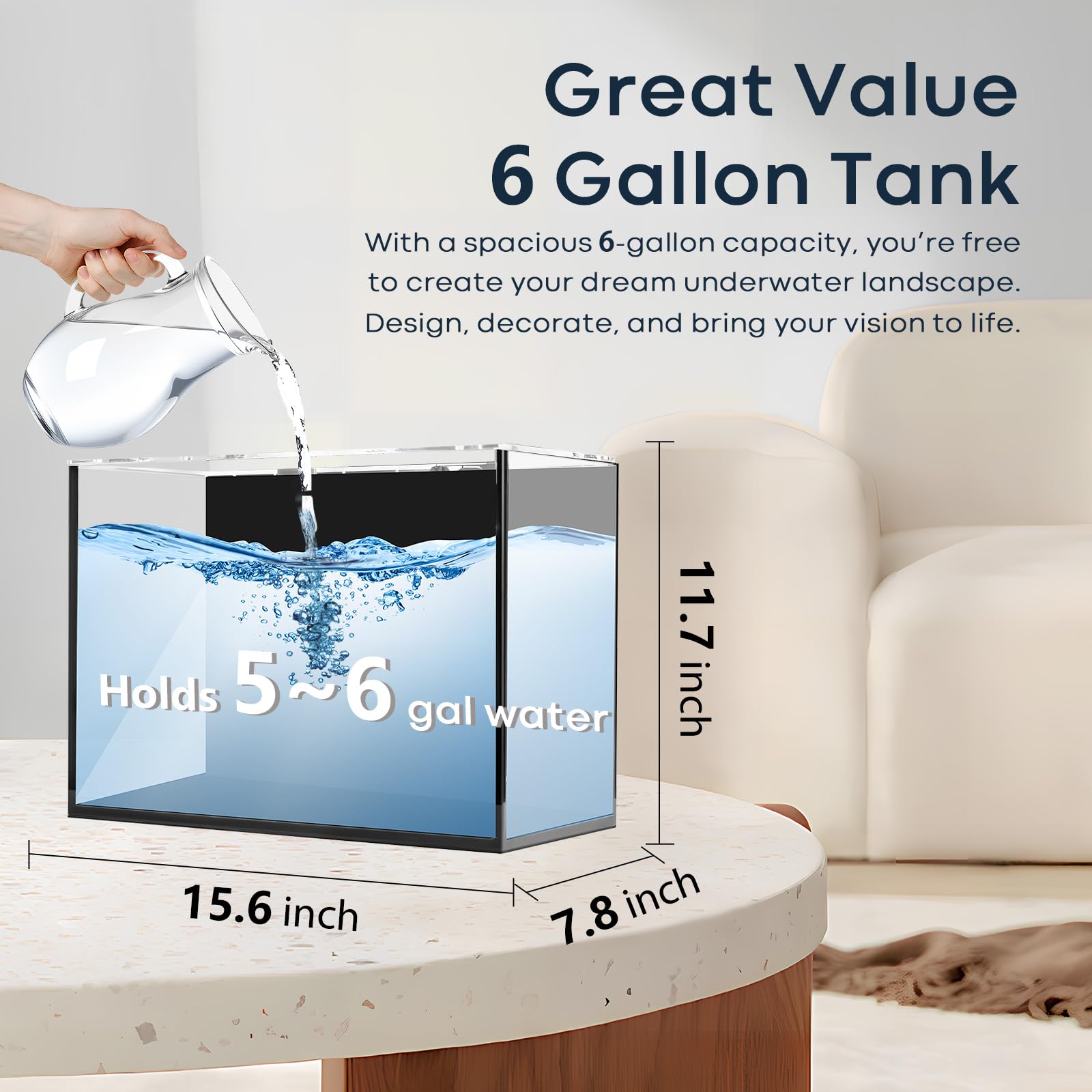 6 Gallon Glass Fish Tank 5 Gallon, Small Aquarium Fish Bowl Cube for Betta Goldfish Snails Shrimp Aquatic Planting, Easy to Main