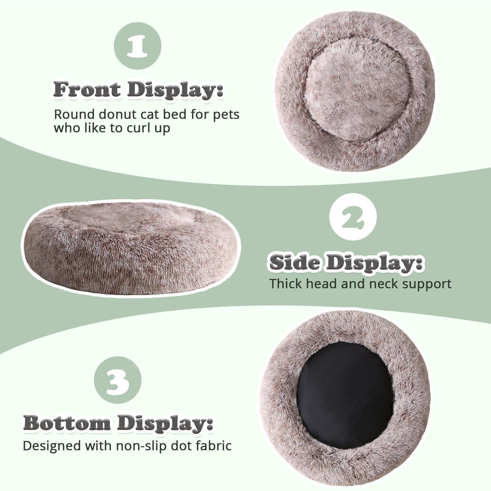 JOLLYVOGUE Dog & Cat Bed, Calming Faux Fur Donut Cushion for Small Pets, 20" Brown