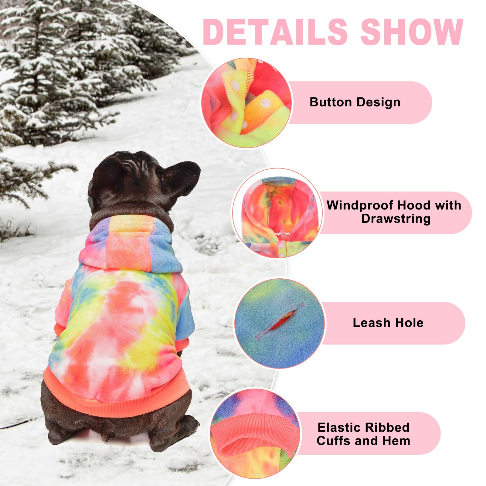 Beautyzoo Dog Tie-Dye Hoodie For Small/Medium Dogs - Winter Sweater Jacket With Pocket, Fleece, Pink & Blue, Unisex