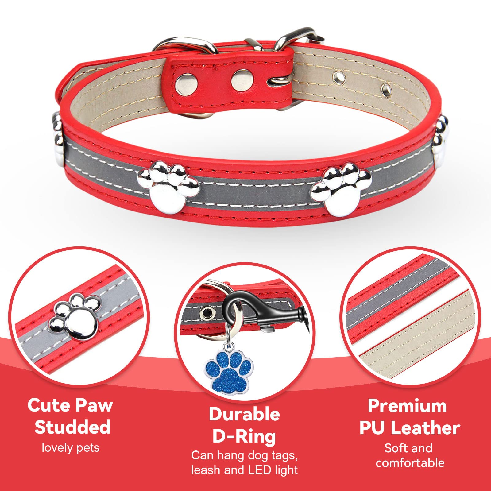 Petcare Reflective Dog Collar With Cute Paw Rivet Studded Funny Soft Pu Leather Adjustable Puppy Dog Collars For Small Medium Large Dogs Cats (Red,Small)