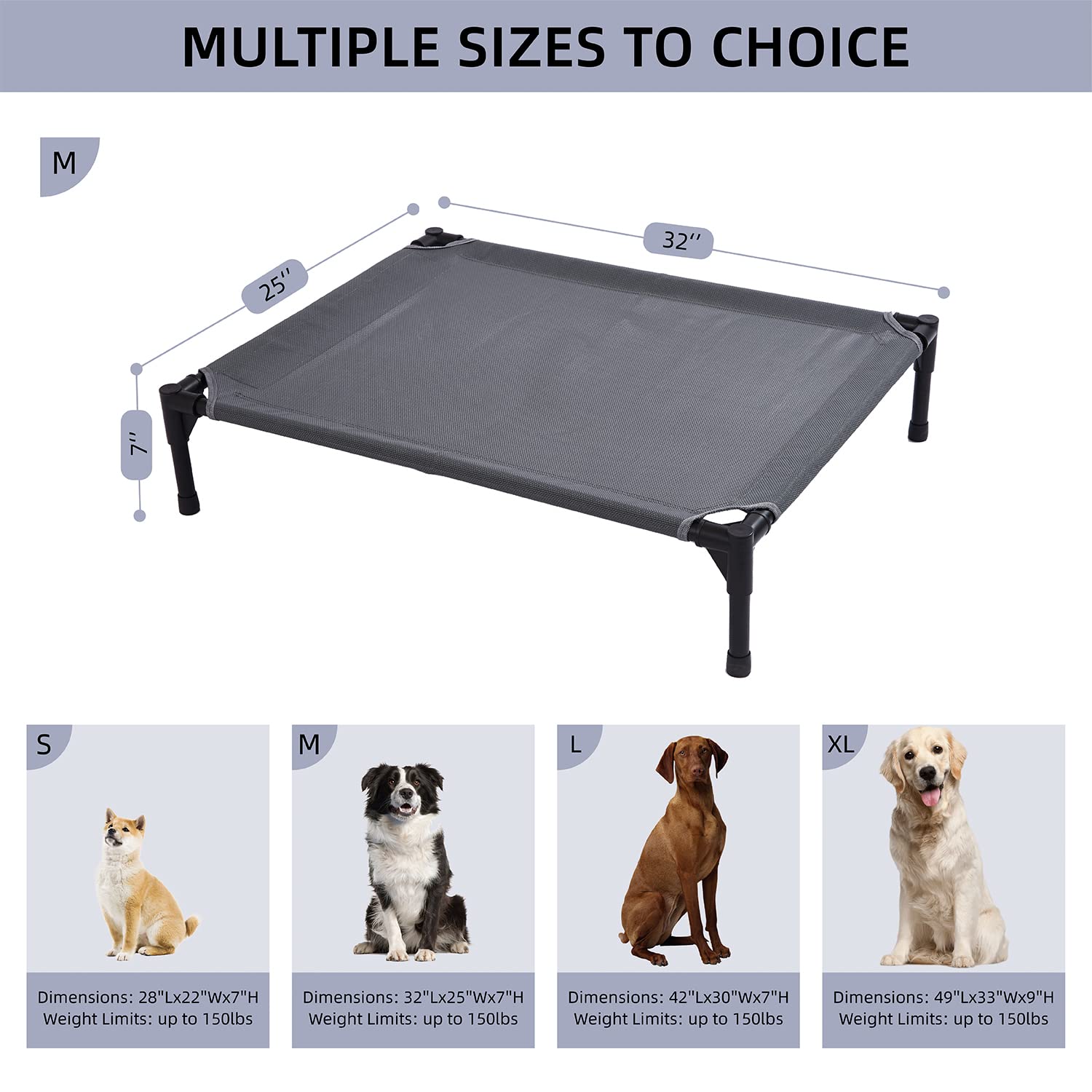 Pettycare Elevated Outdoor Dog Bed - Dog Cots For Medium Pet, Heavy Duty Raised Cot Waterproof, Cooling Pets Bed With Washable Durable Teslin Mesh And Non Slip Feet, 32 Inches, Grey