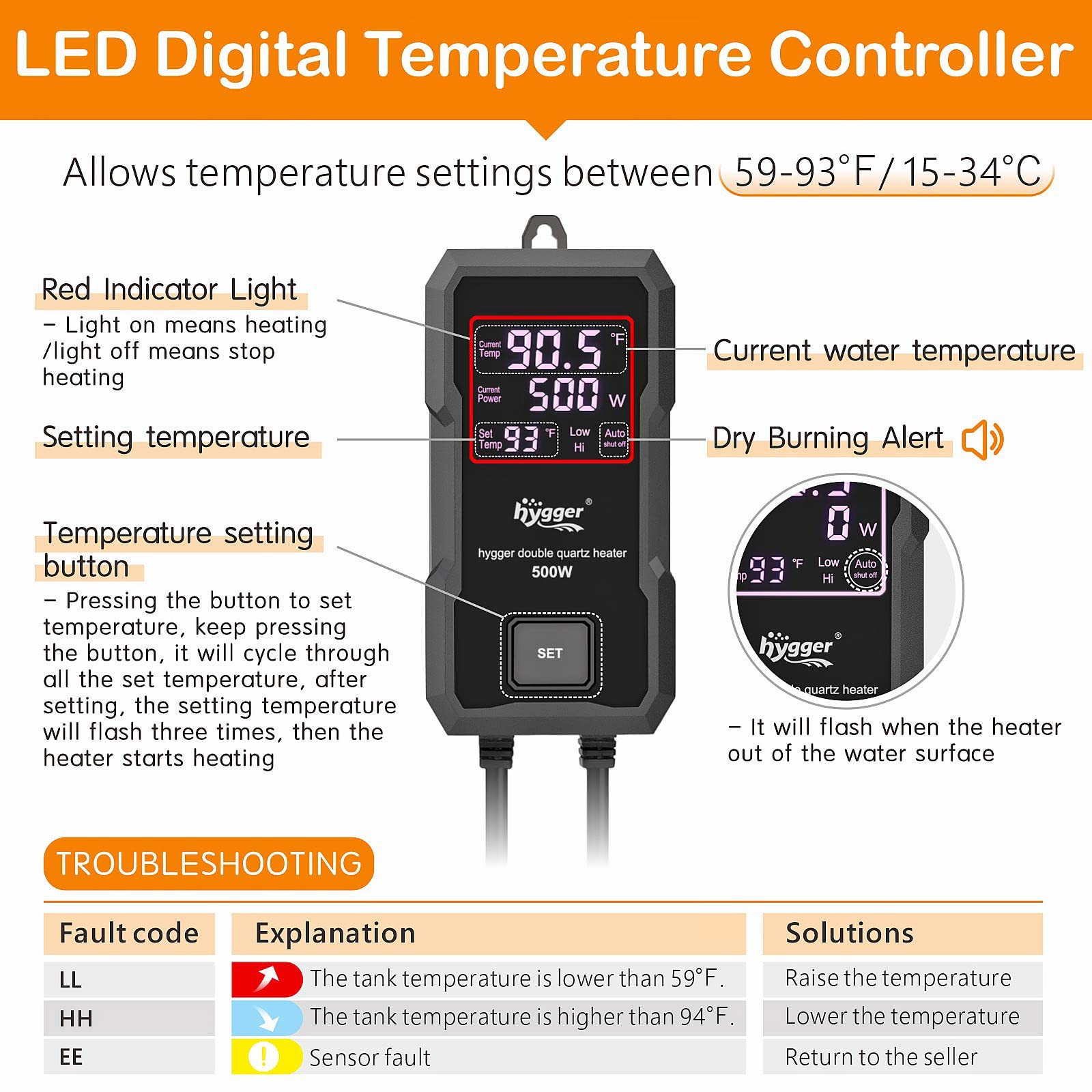 Hygger Aquarium Heater 300W/500W/800W/1000W, Submersible Fish Tank Heater With Digital Led Controller And Intelligent Leaving Wa