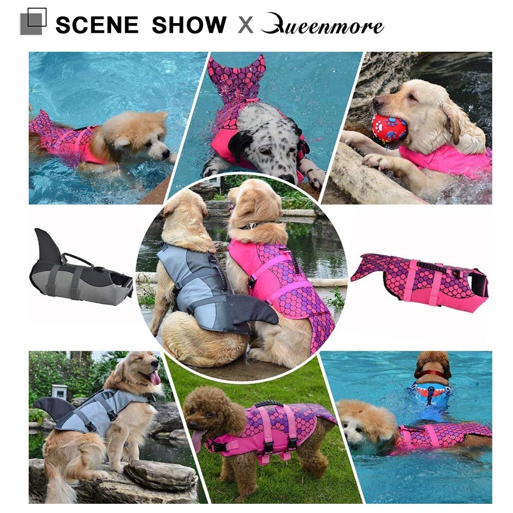 Queenmore Dog Life Jacket Ripstop Shark Dog Safety Vest Adjustable Preserver with High Buoyancy and Durable Rescue Handle for Sm